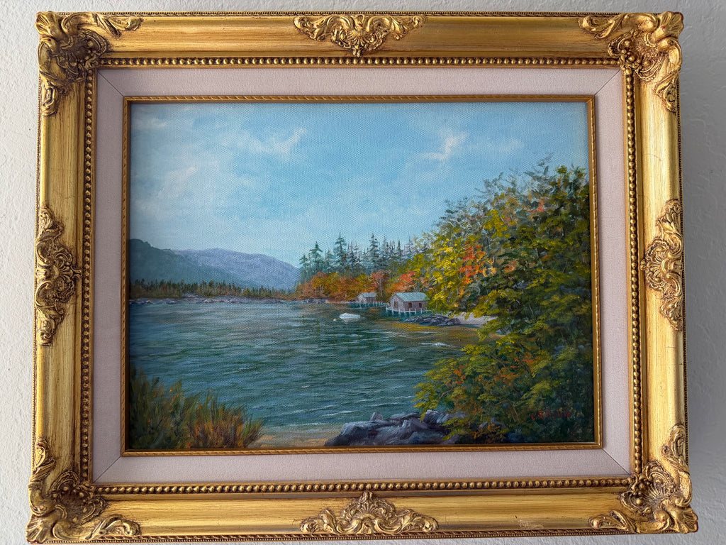 Signed Original Oil Painting — Autumn Lakeside Landscape by C. Ritchie — Ornate Gold Gilt Frame Vintage