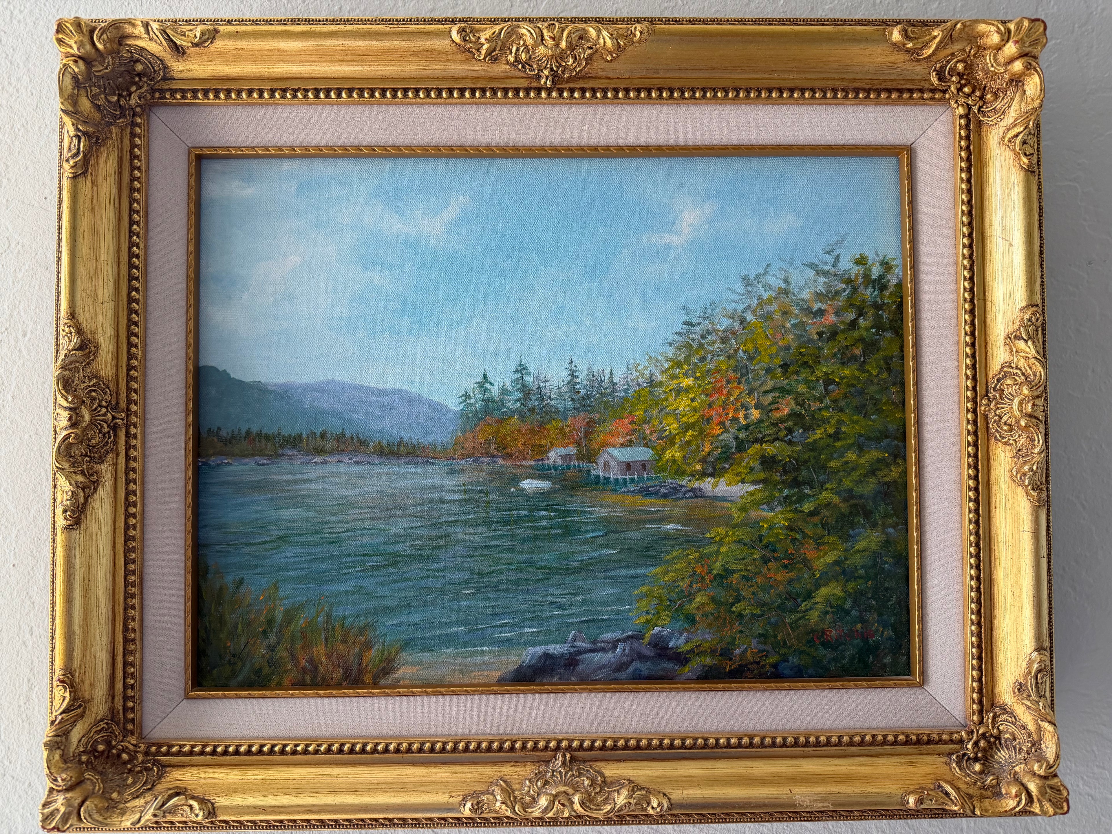 Signed Original Oil Painting — Autumn Lakeside Landscape by C. Ritchie — Ornate Gold Gilt Frame Vintage
