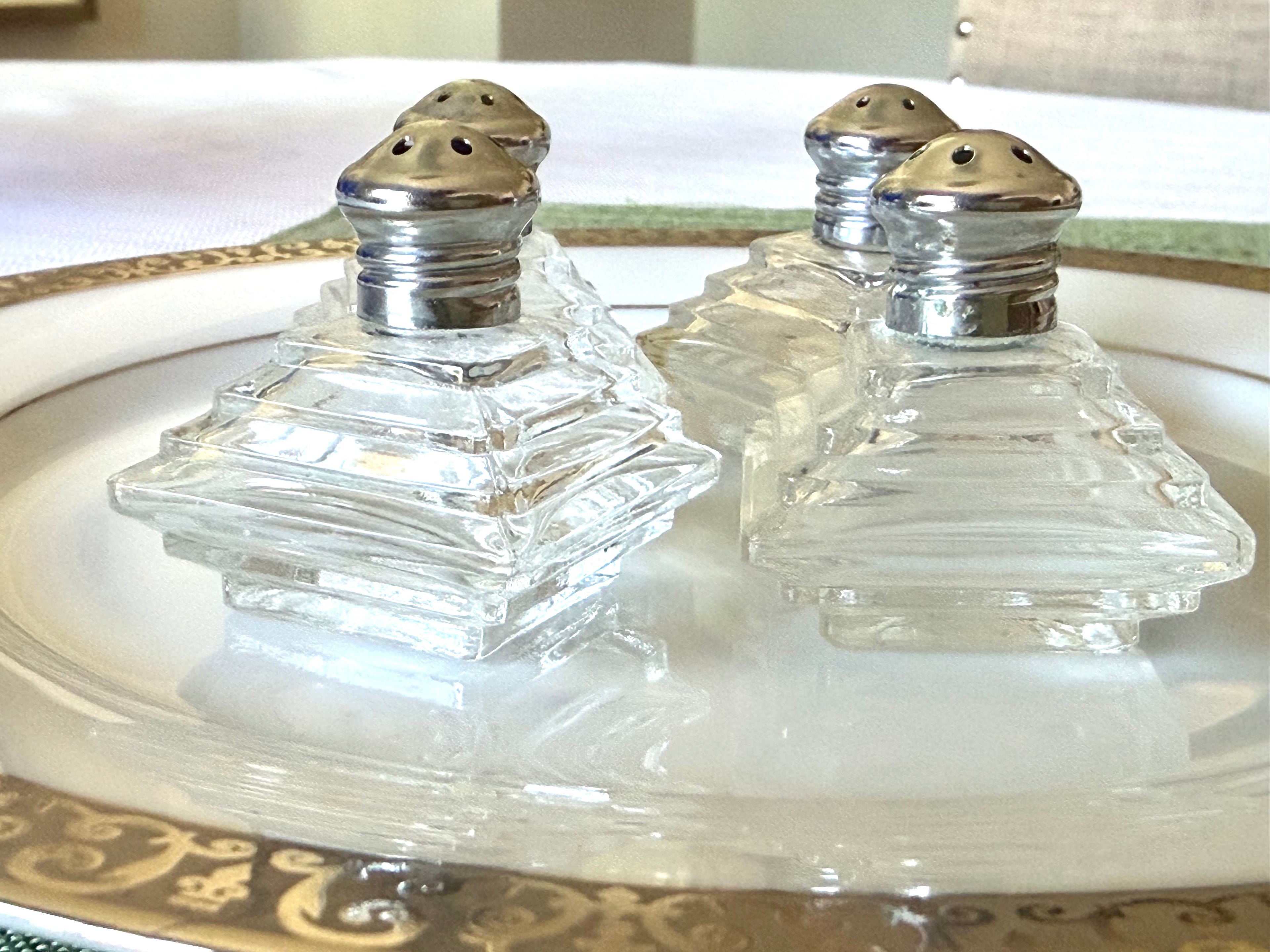 Art Deco Stepped Glass Salt & Pepper Shakers – Set of 4 1920s–1930s