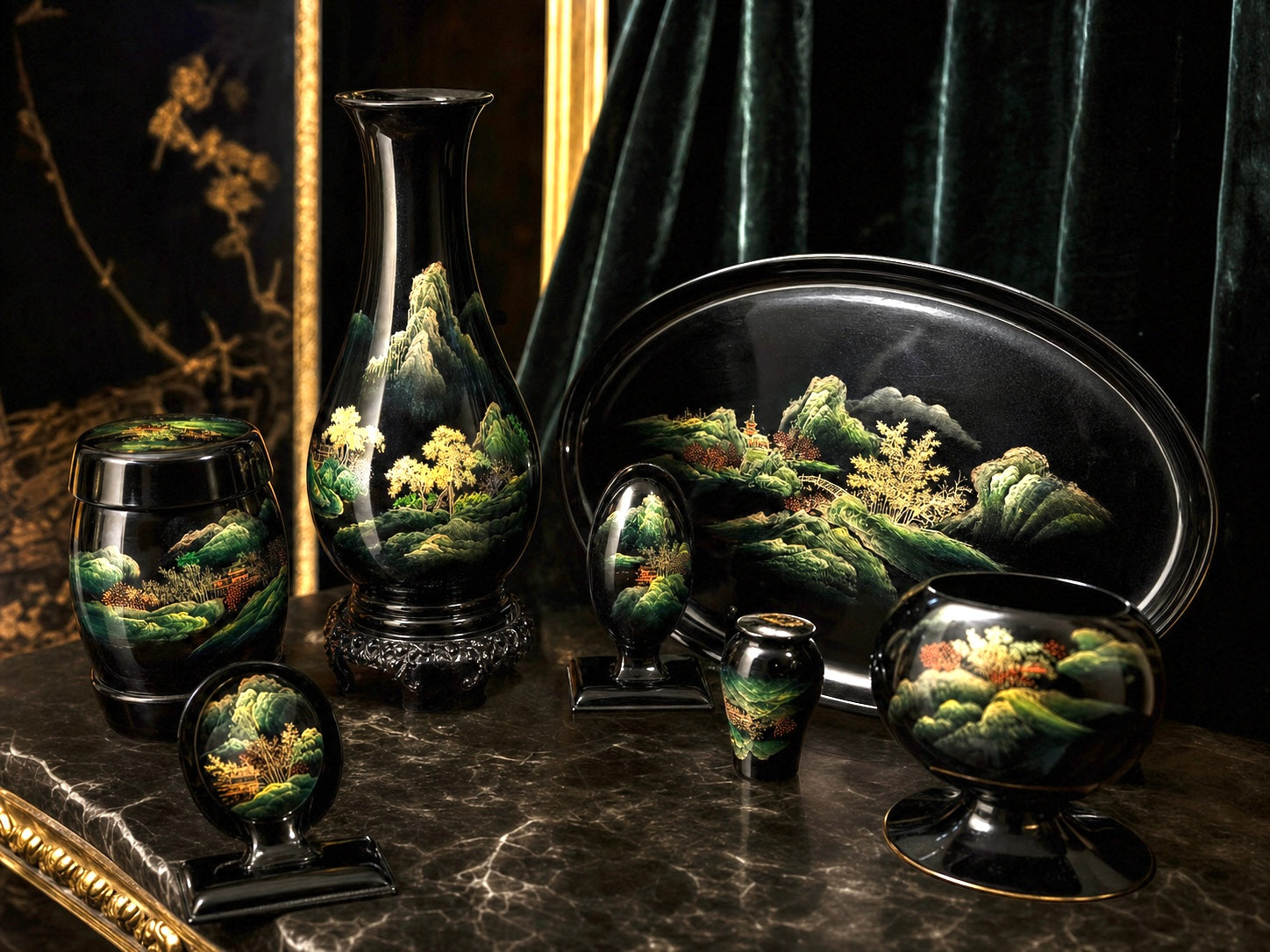 Chinese Black Lacquerware Set 7pc Fuzhou Shanshui Landscape Vase Tray Bowl Hand-Painted Export Decor 1960s–1980s
