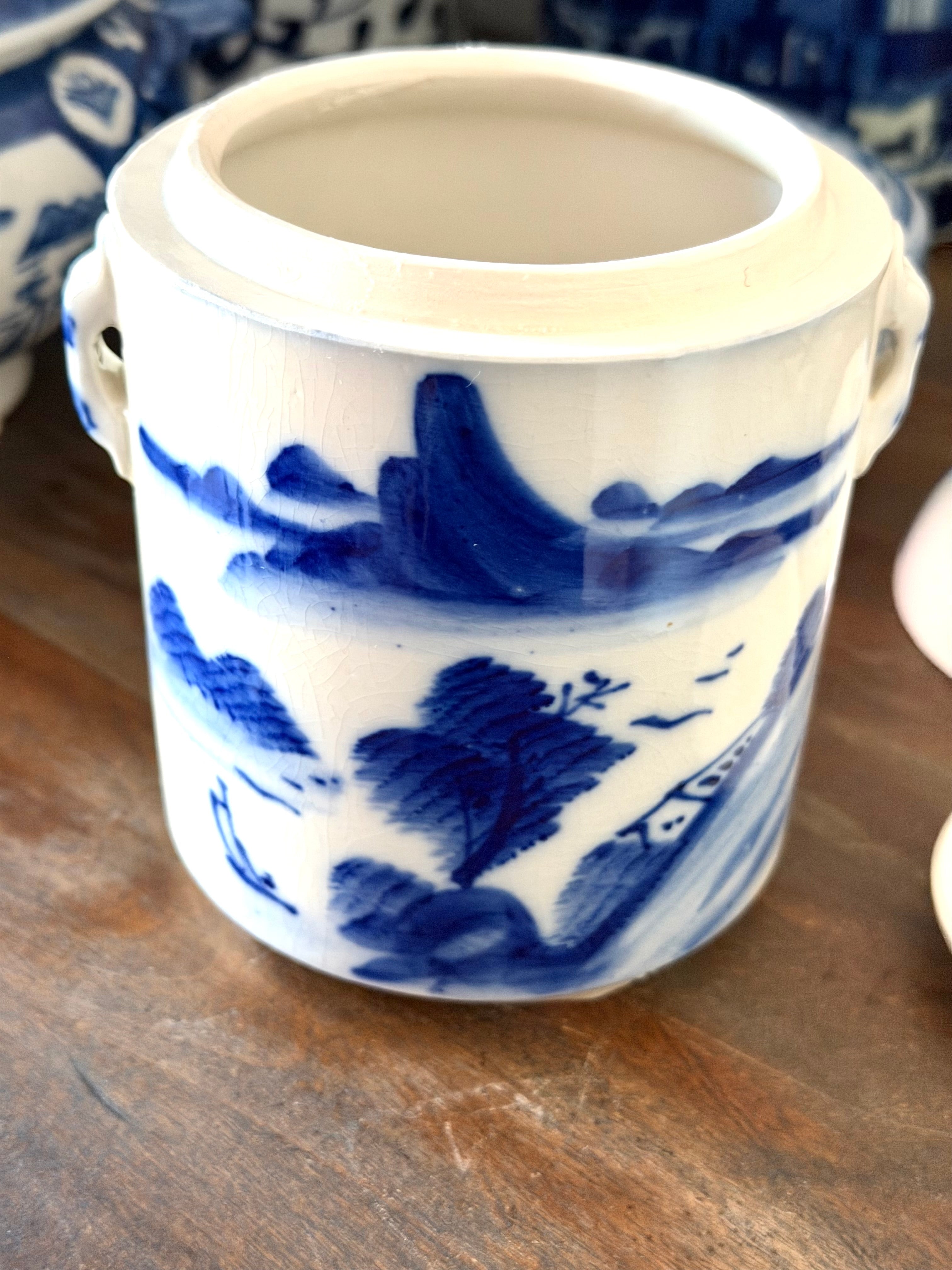 Chinese Blue & White Ceramic Tea Caddy with Landscape Scene & Inner Lid Vintage