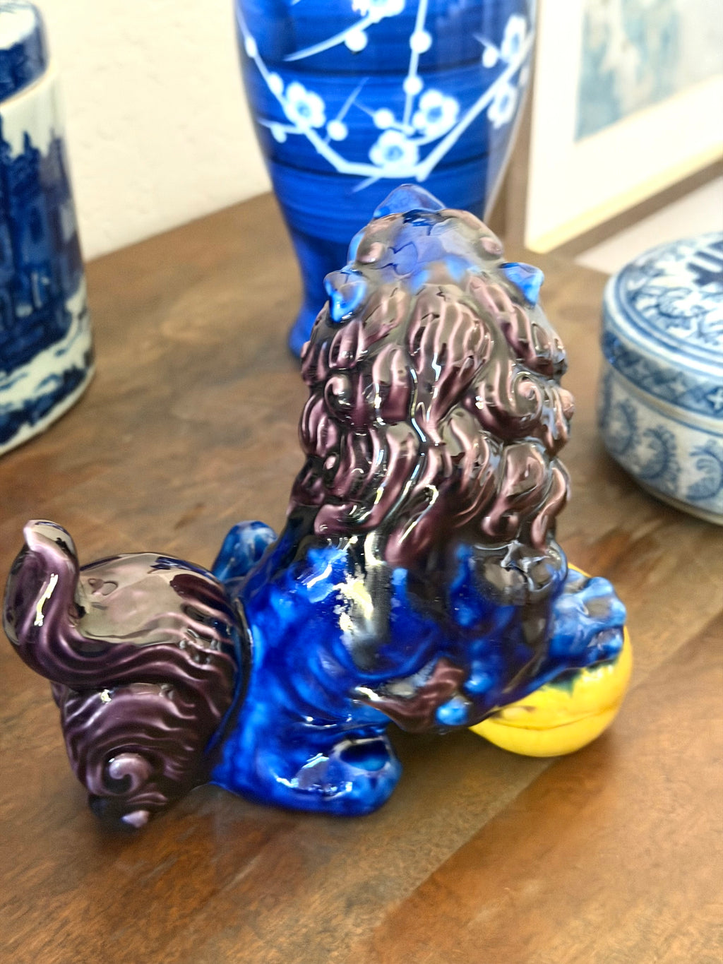 Chinese Foo Dog Guardian Lion Figurine Blue Flambe Glaze Ceramic Statue Lucky Orb Vintage