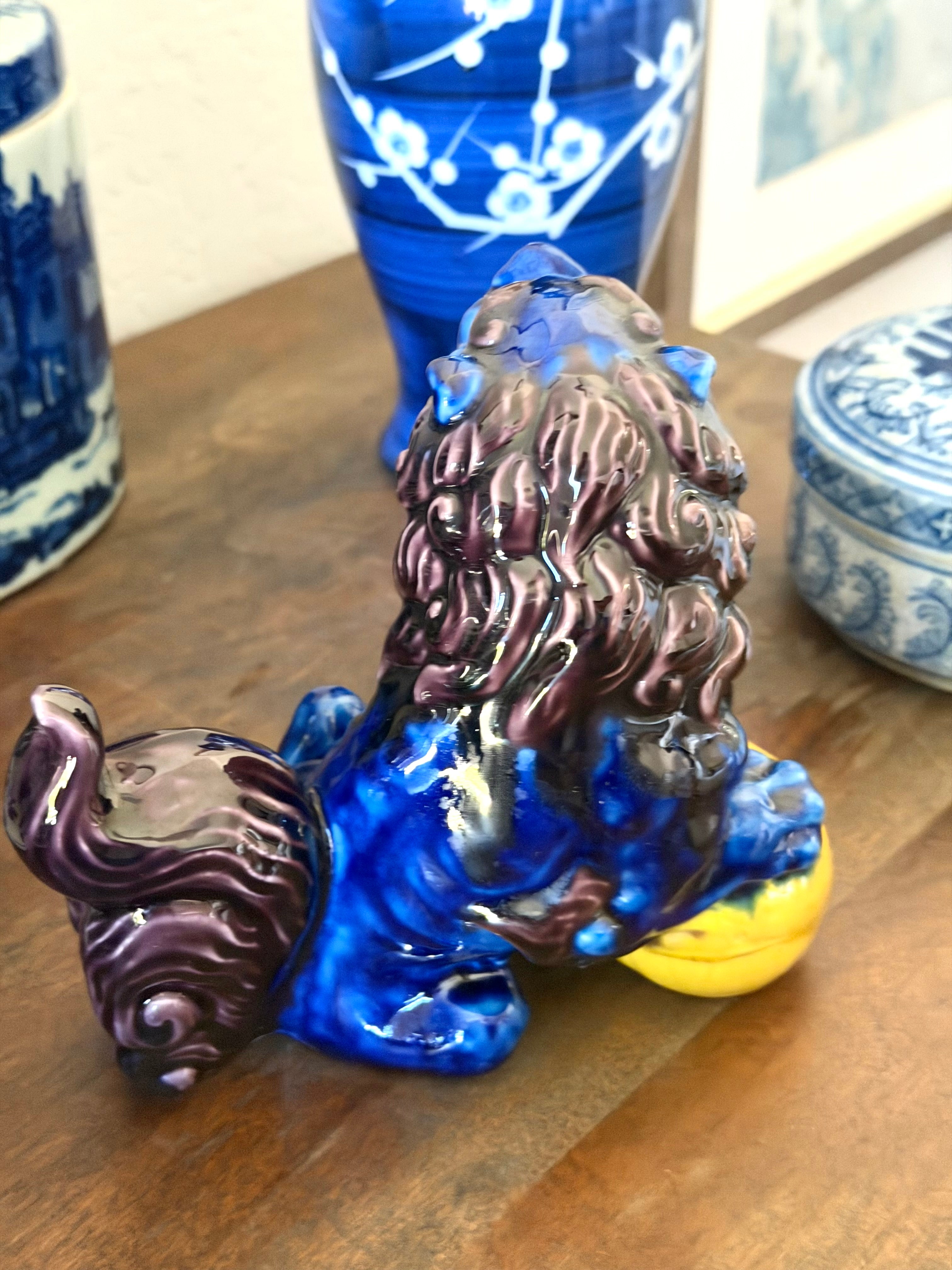 Chinese Foo Dog Guardian Lion Figurine Blue Flambe Glaze Ceramic Statue Lucky Orb Vintage