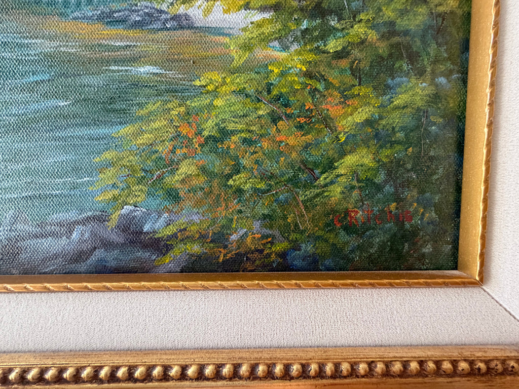 Signed Original Oil Painting — Autumn Lakeside Landscape by C. Ritchie — Ornate Gold Gilt Frame Vintage
