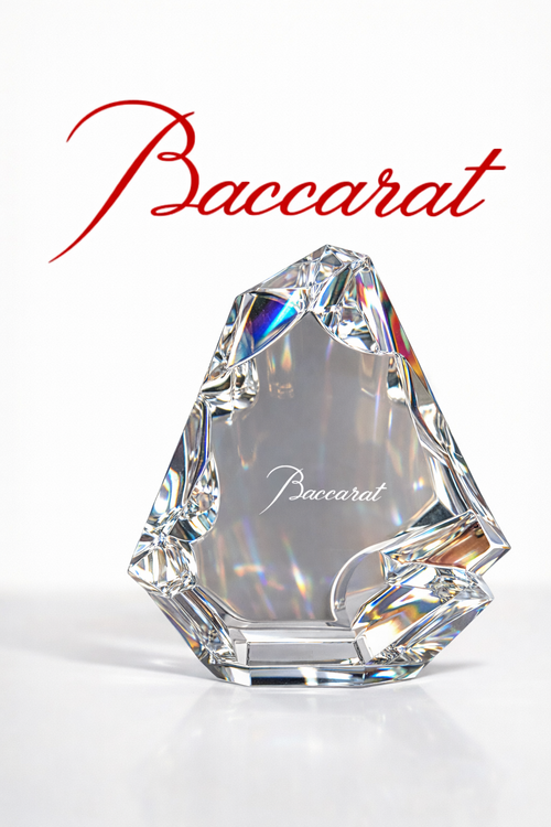 Baccarat Crystal Sculpture, Modern Faceted Form, Double Signed Art Glass BOX INCLUDED