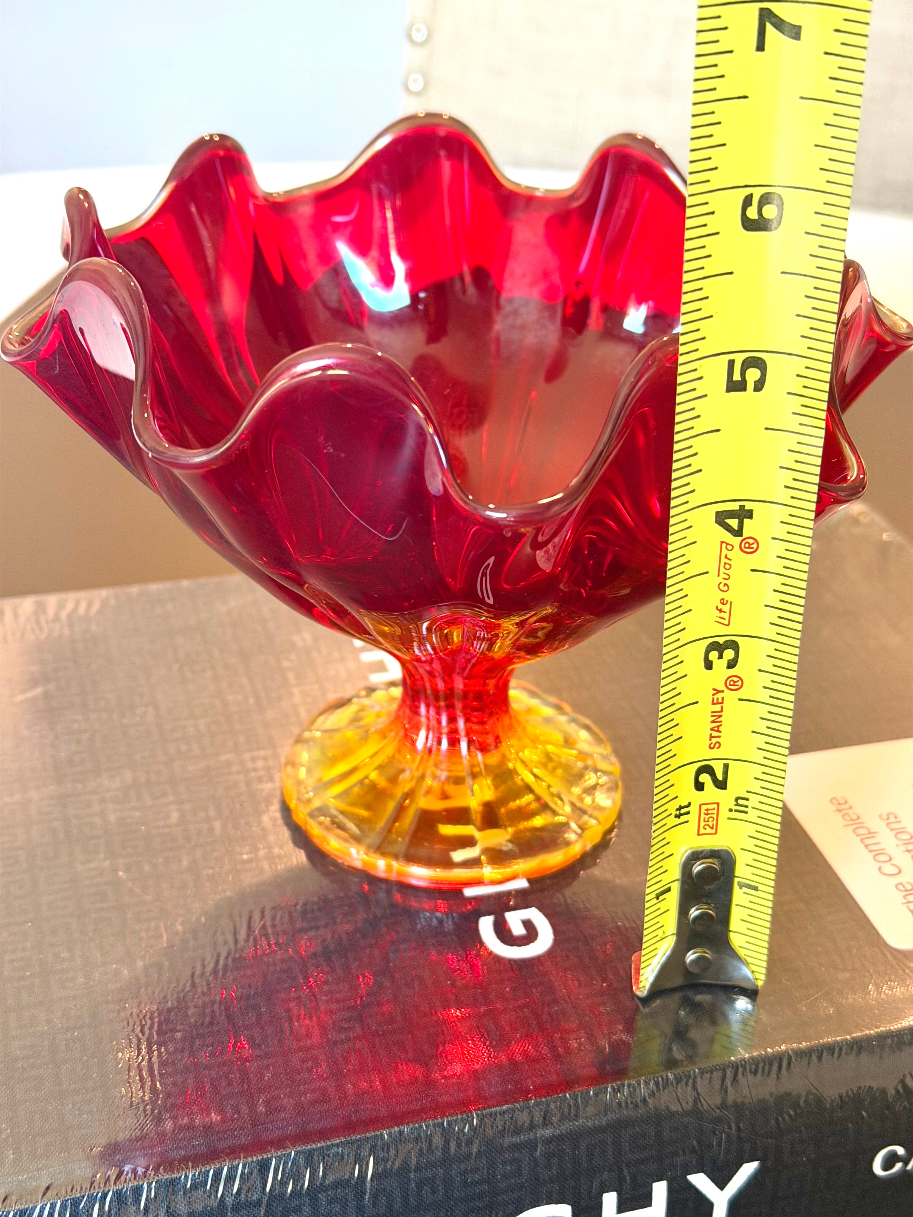 Ruby Red & Amber Art Glass Pedestal Bowl Compote Vintage