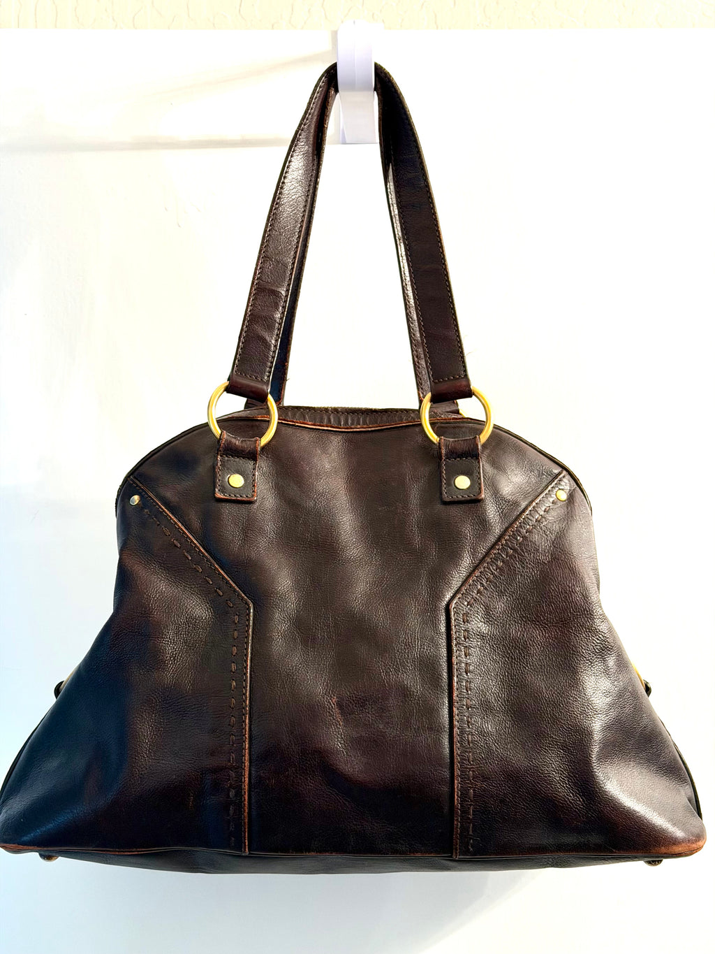 Authentic Yves Saint Laurent YSL Muse Leather Tote Bag Brown Gold Hardware Rive Gauche