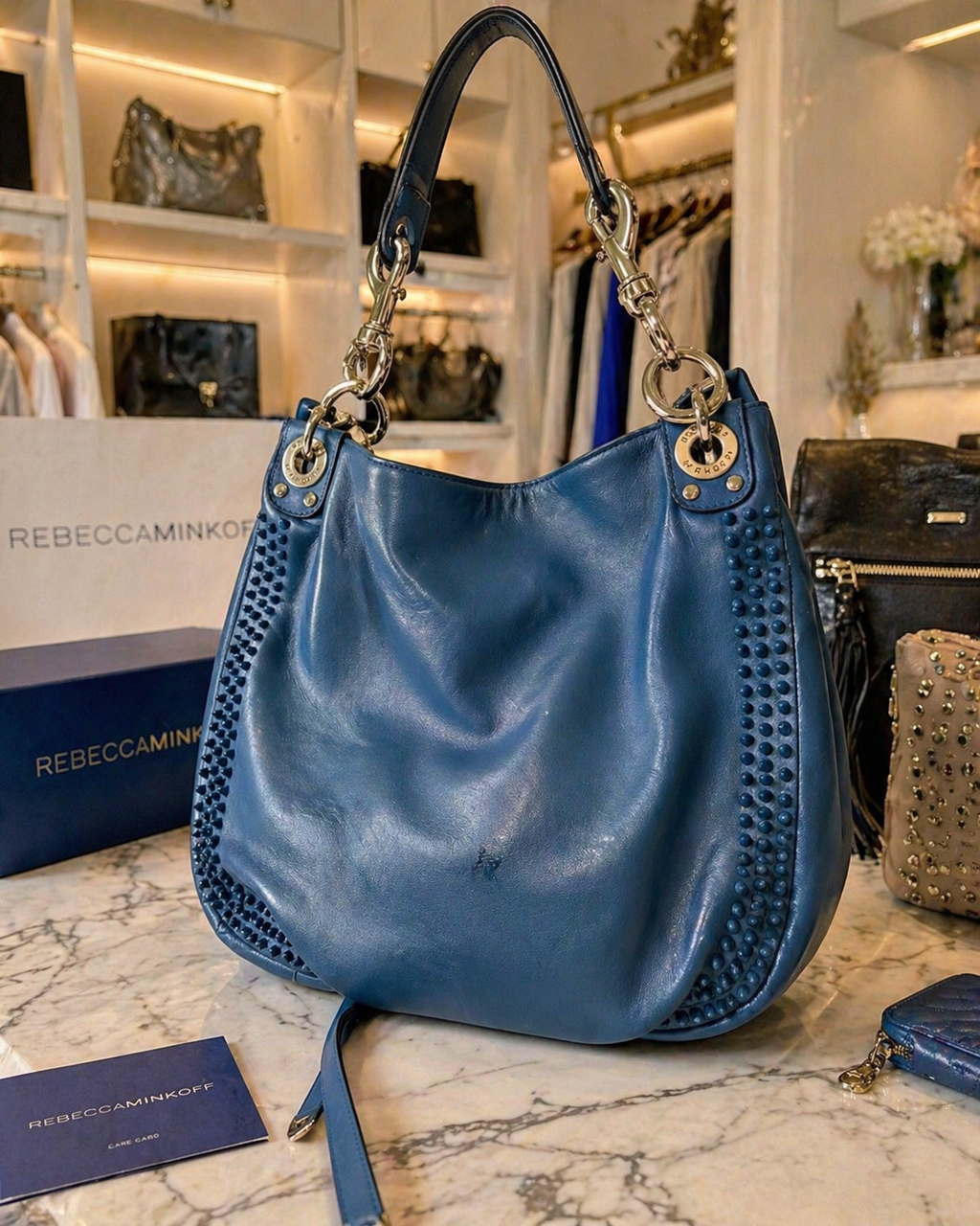 Rebecca Minkoff Blue Leather Studded Hobo Shoulder Bag | Chain Strap Designer Purse