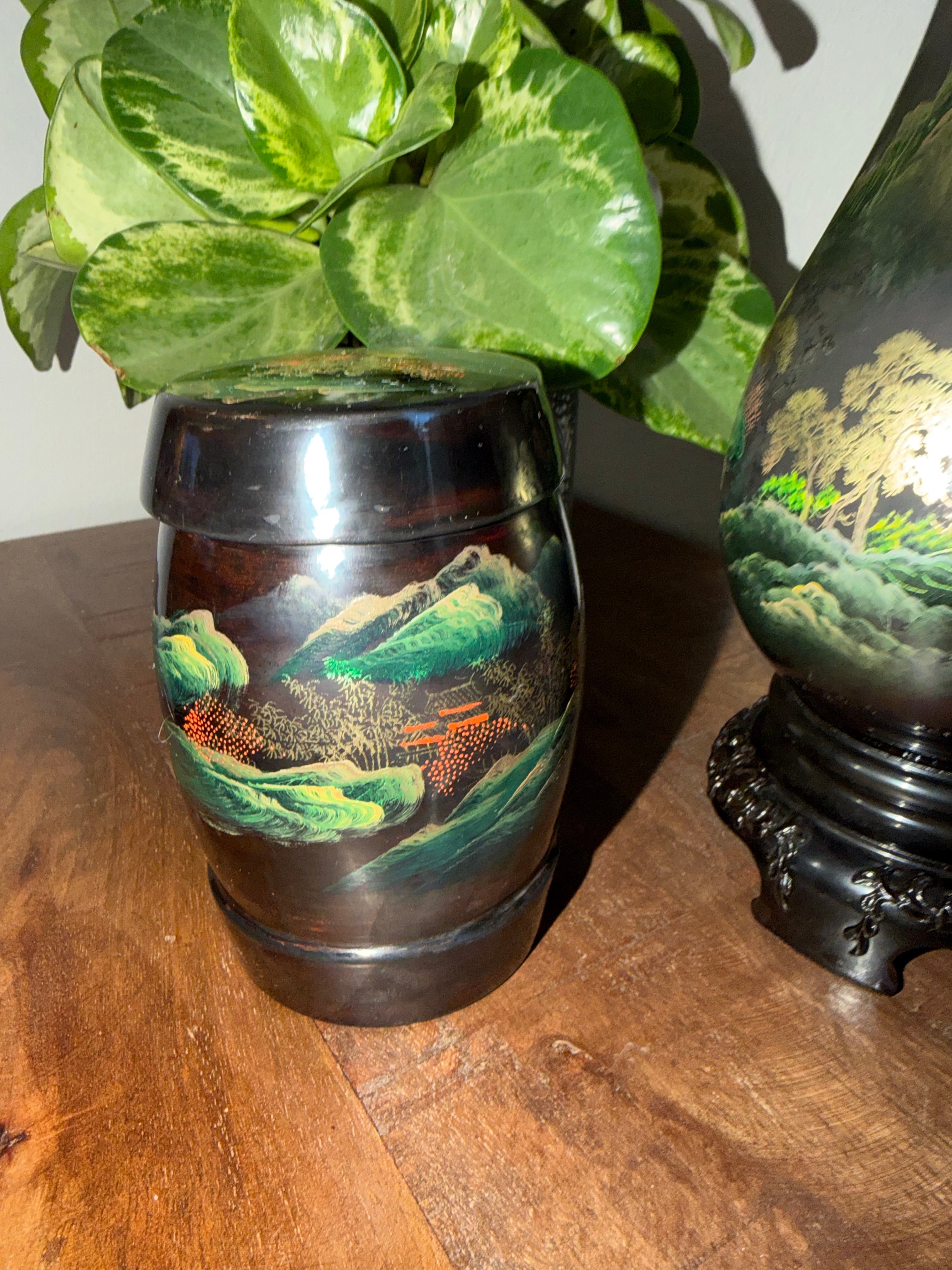 Chinese Black Lacquerware Set 7pc Fuzhou Shanshui Landscape Vase Tray Bowl Hand-Painted Export Decor 1960s–1980s