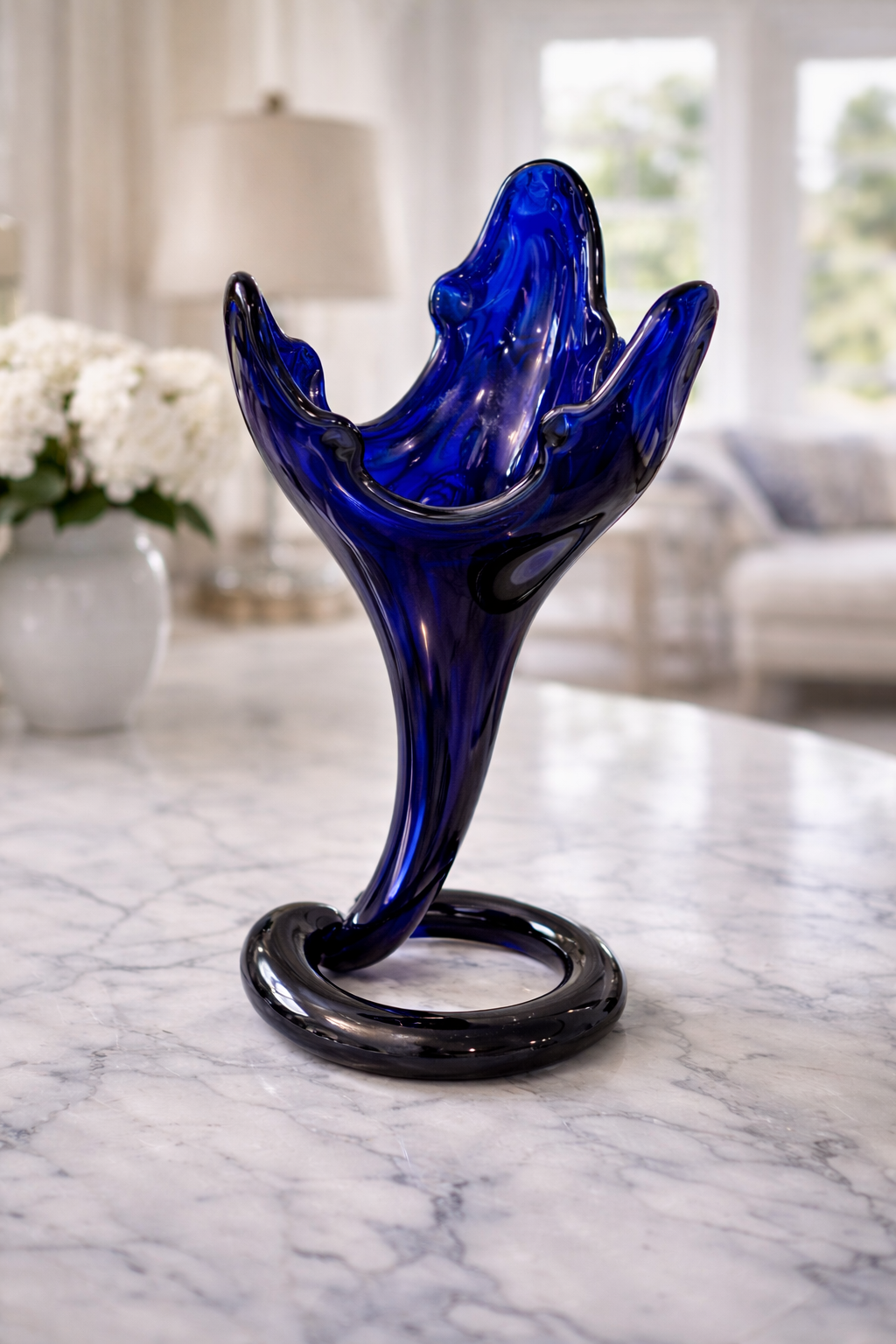 Cobalt Blue Art Glass Freeform Vase Sculpture 13” Hand Blown Modern Decor
