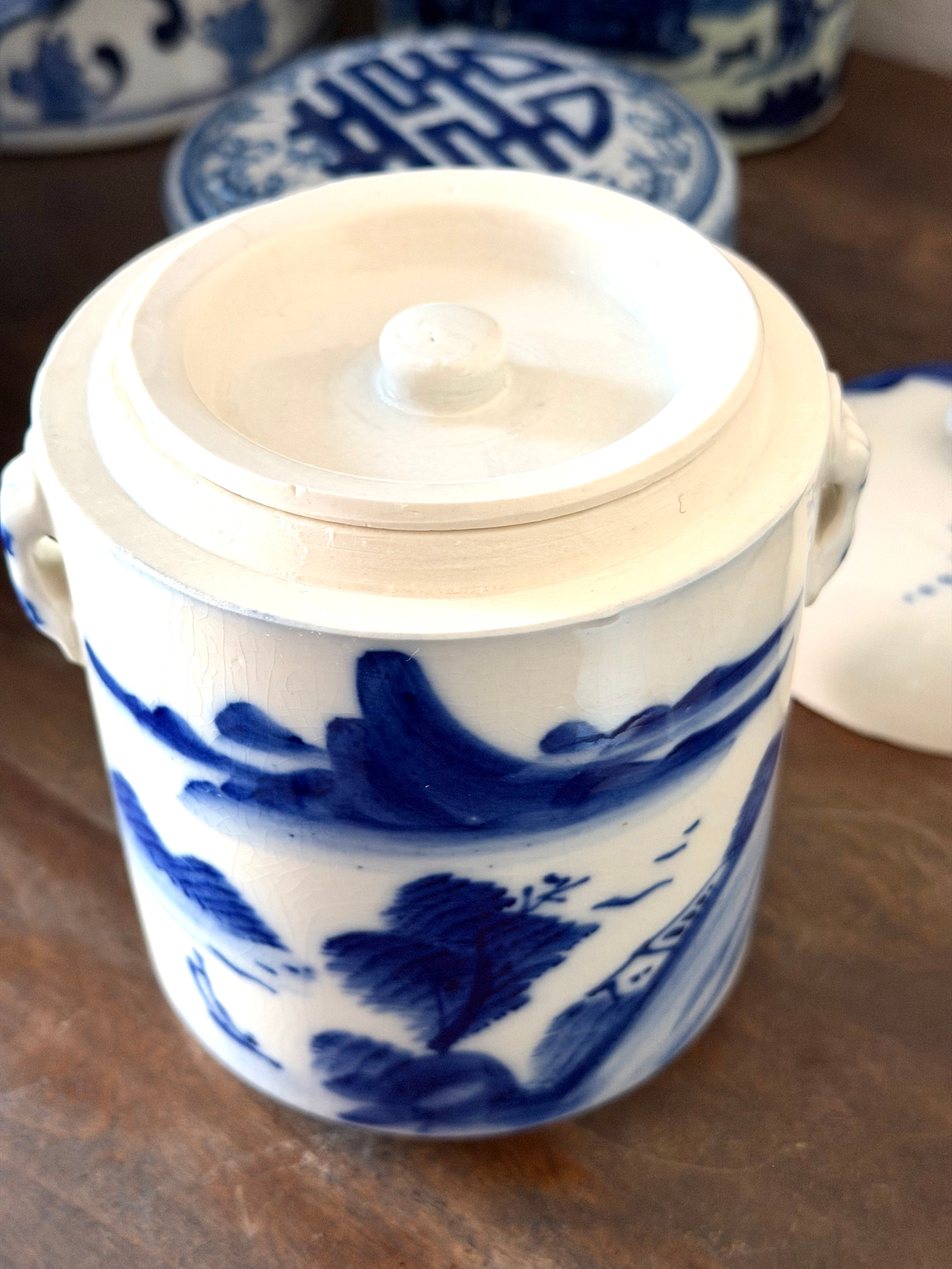 Chinese Blue & White Ceramic Tea Caddy with Landscape Scene & Inner Lid Vintage