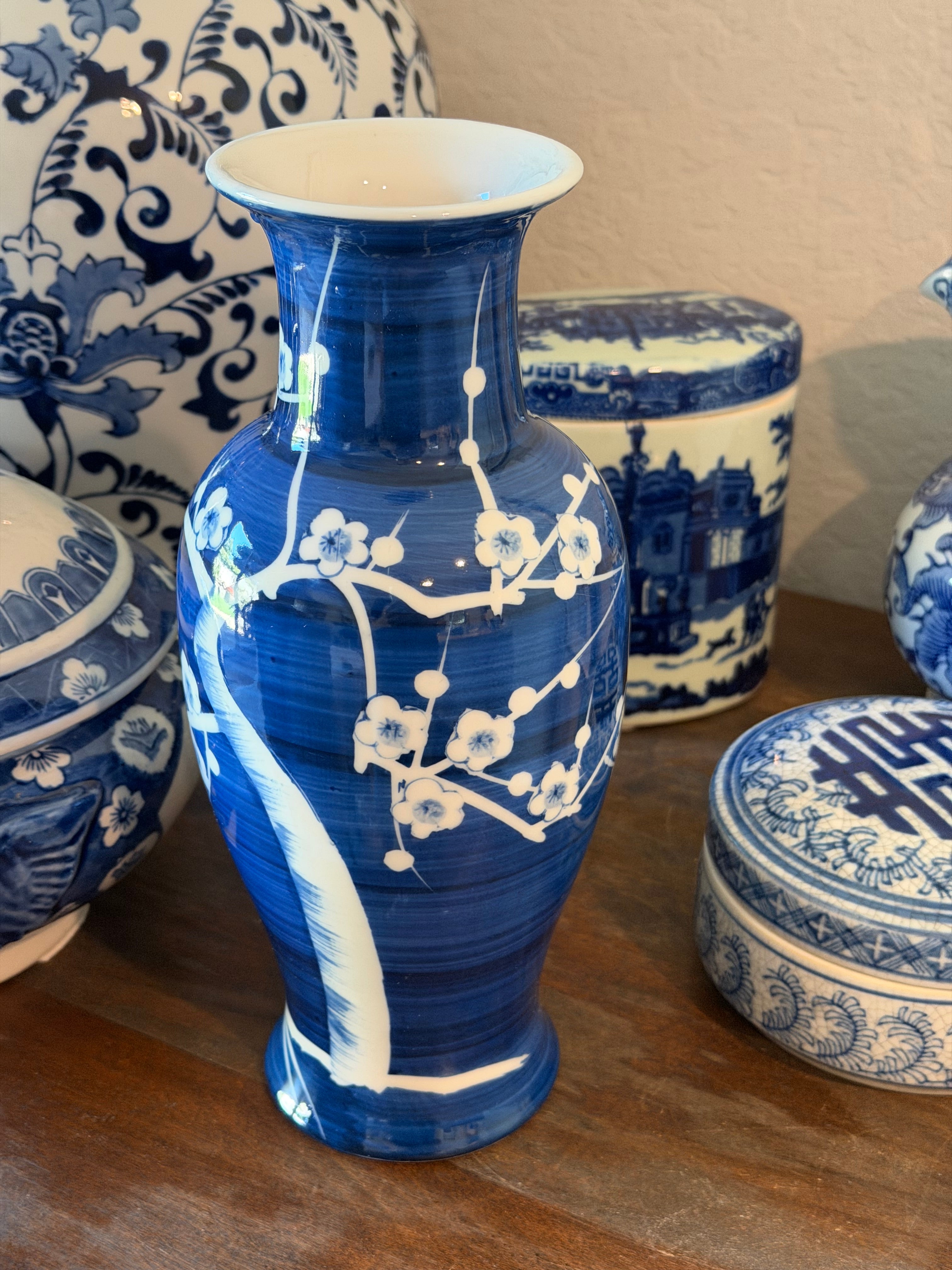 Chinese Blue & White Porcelain Vase — Prunus Blossom — Cobalt Cobalt Glazed — 10" — Mid-Century 