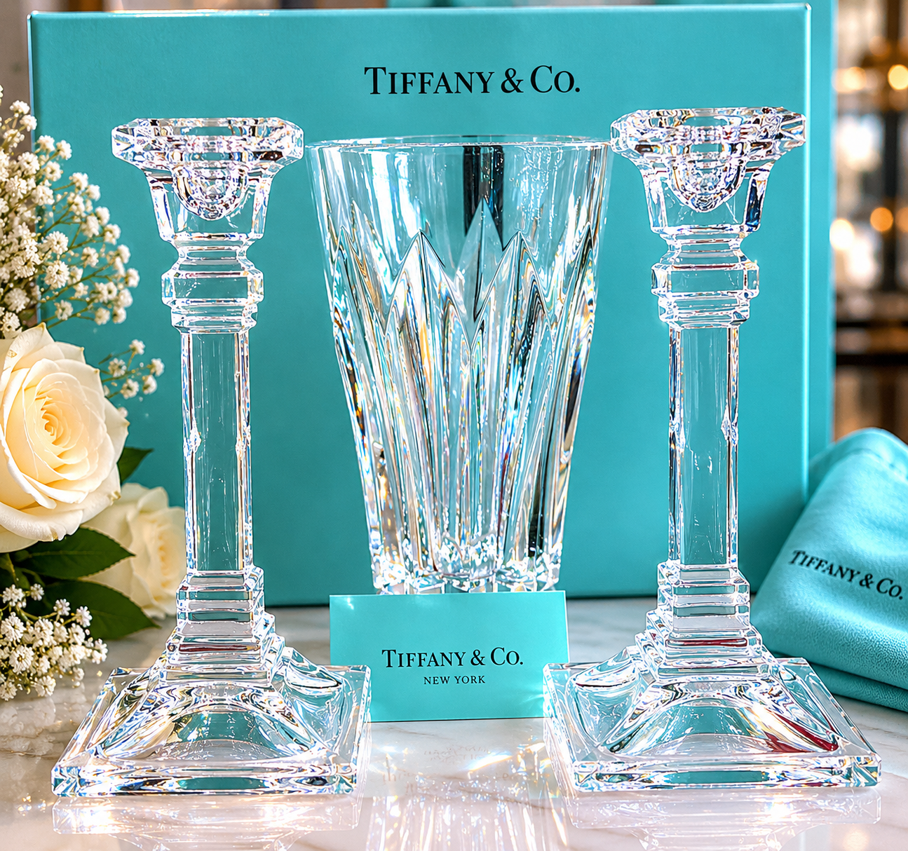 Tiffany & Co. Crystal Candlesticks – Pair | Architectural Art Deco Design