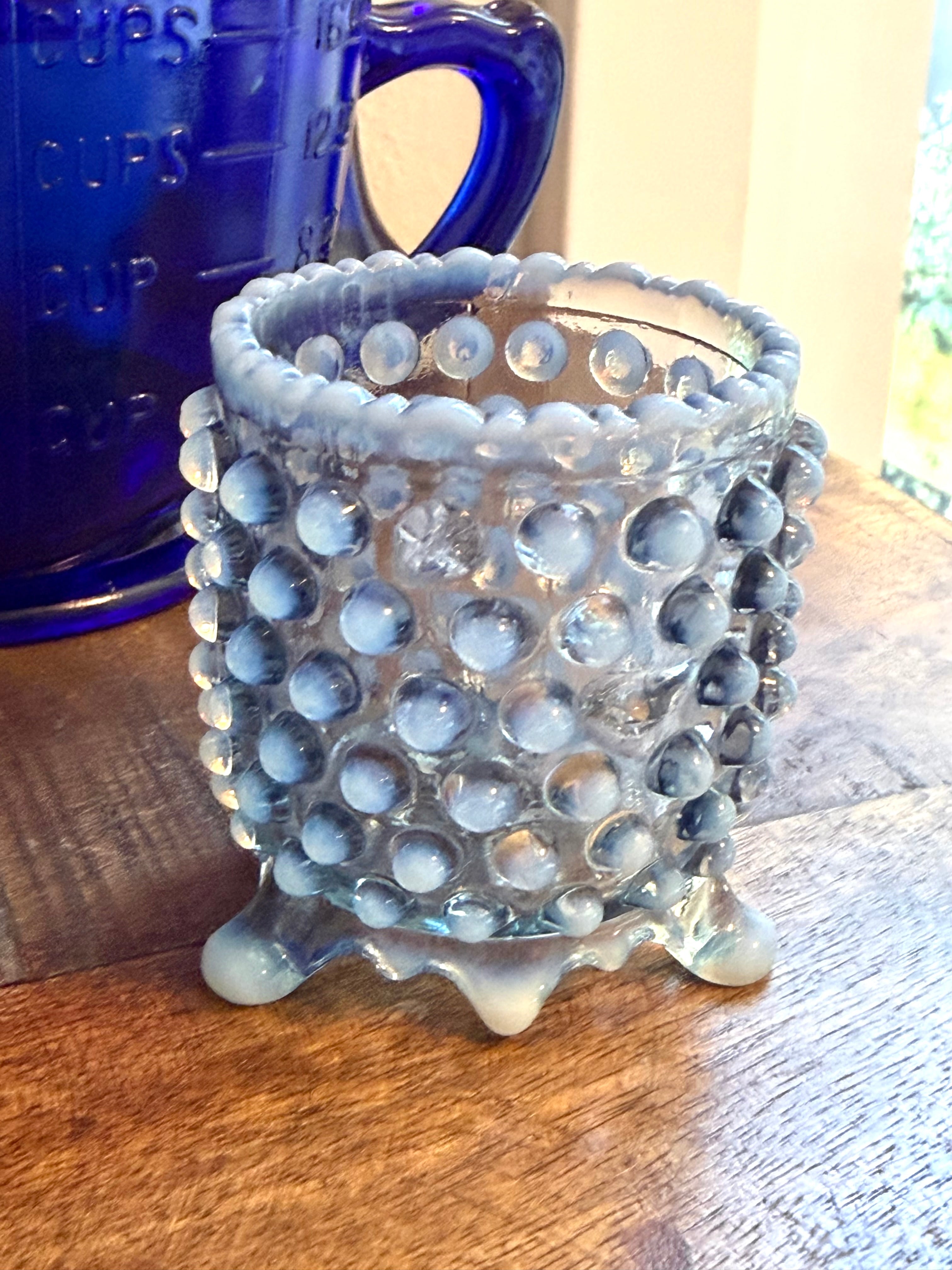Blue Hobnail Opalescent Toothpick Holder / Mini Vase Vintage