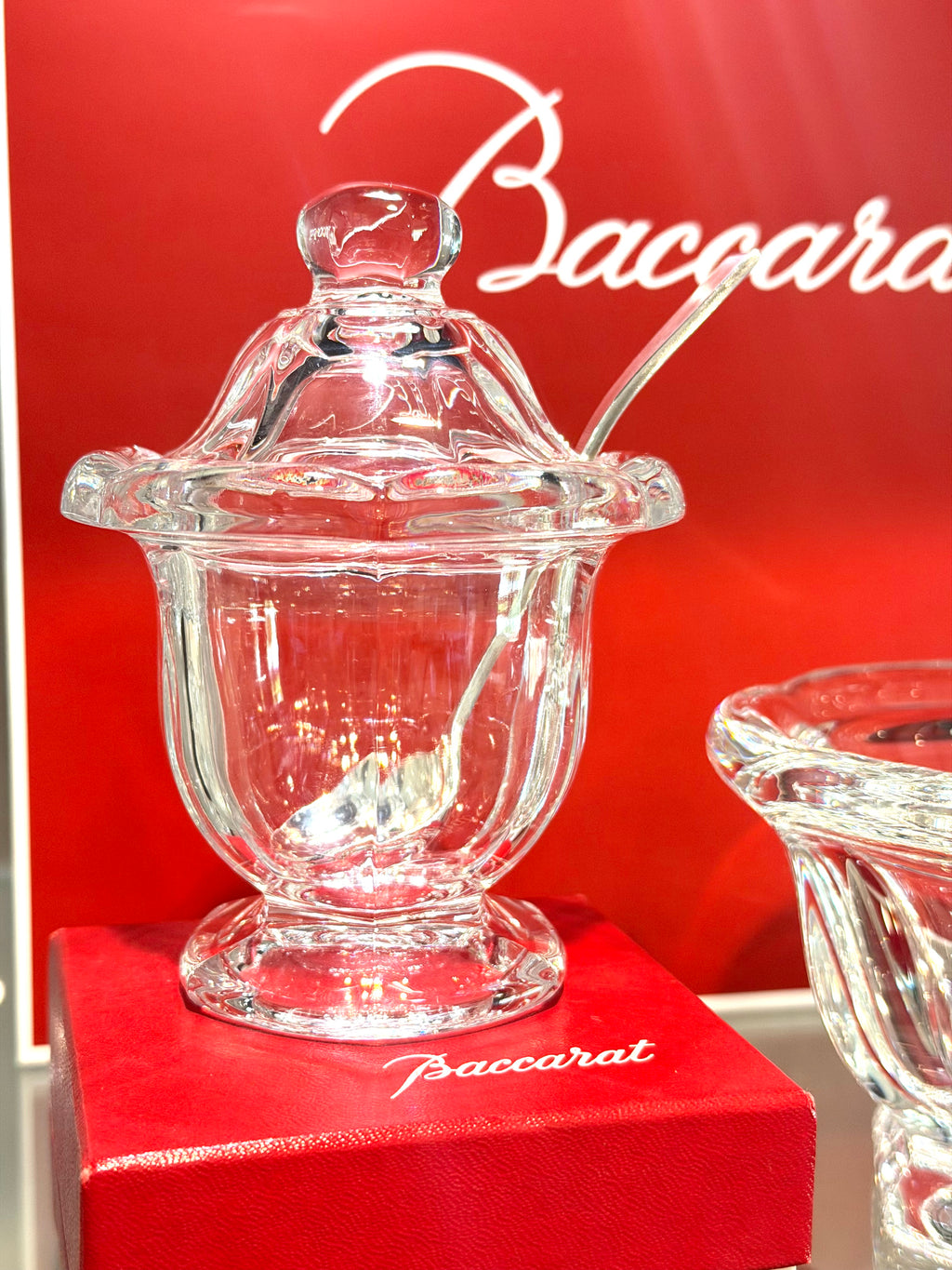 French Crystal Mustard Jar with Spoon Attributed to Baccarat Elegant Condiment Pot