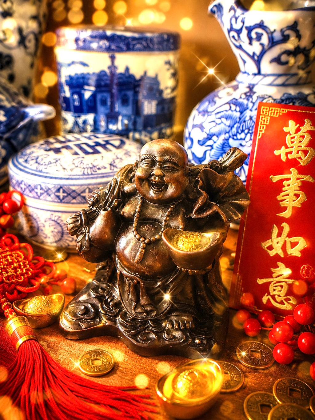 Happy Buddha Figurine Dark Wood Resin Carved Laughing Buddha Good Luck Feng Shui Vintage