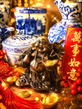 Happy Buddha Figurine Dark Wood Resin Carved Laughing Buddha Good Luck Feng Shui Vintage