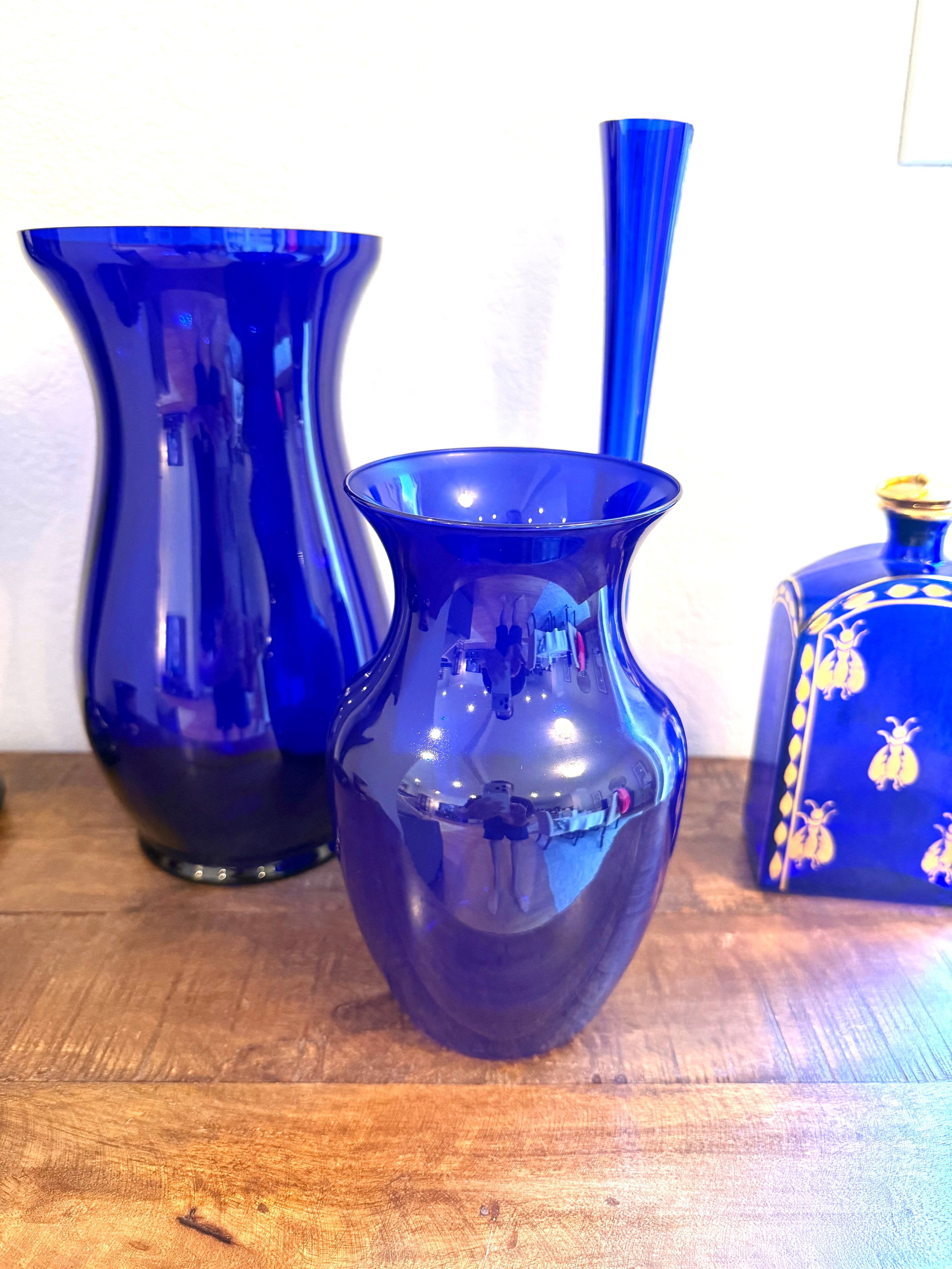 Cobalt Blue Art Glass Vase Hand Blown Bristol Blue MCM 9” Tall Vintage