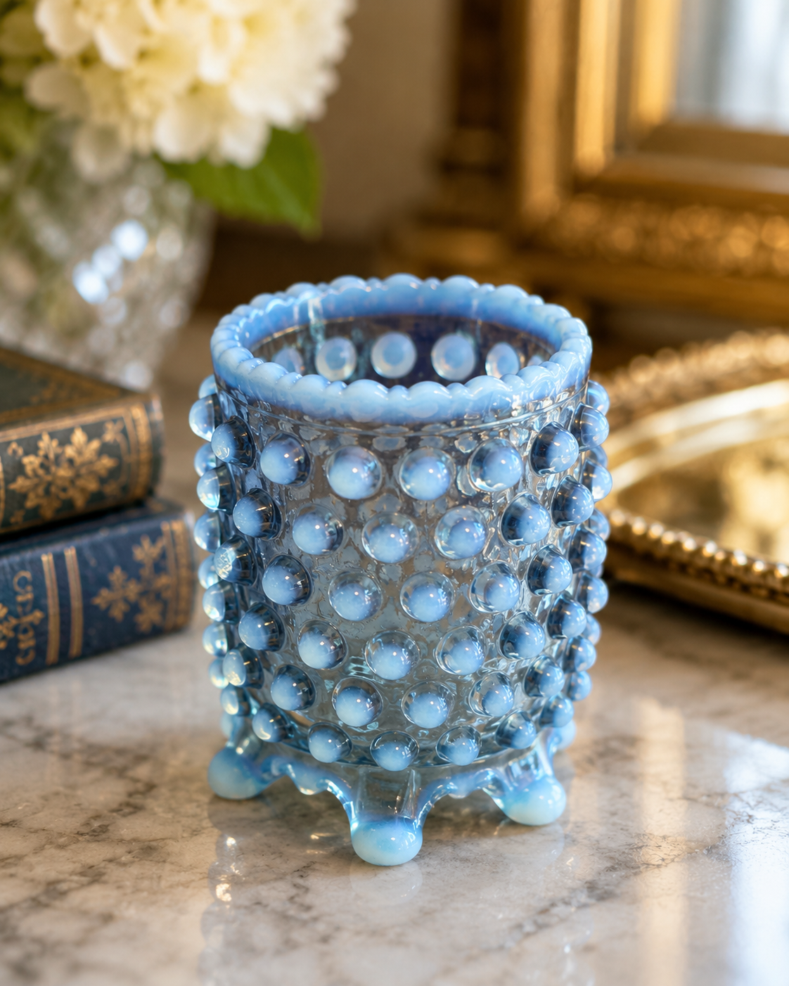 Blue Hobnail Opalescent Toothpick Holder / Mini Vase Vintage