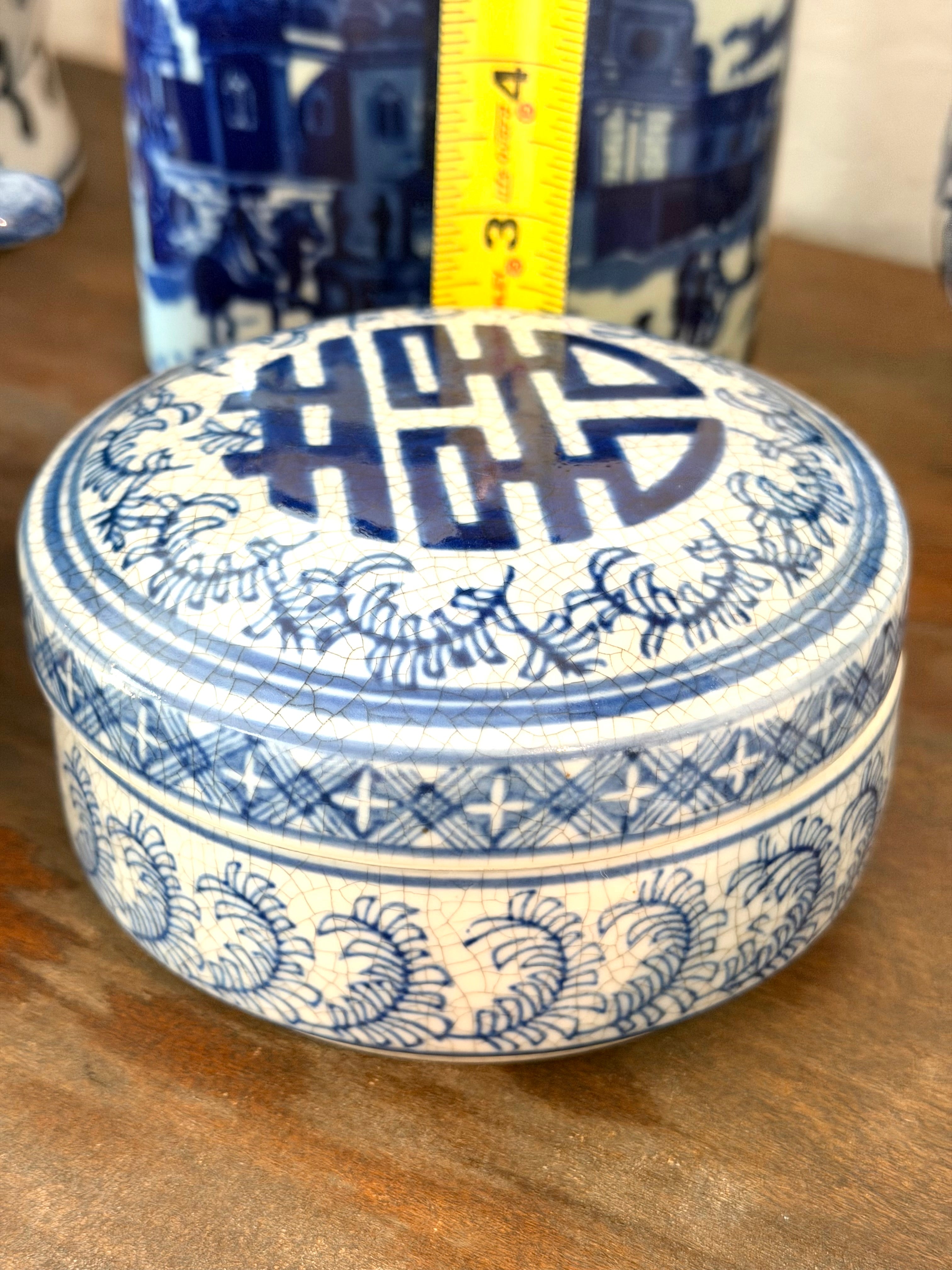 Blue White Chinoiserie Trinket Box Crackle Glaze Porcelain Keepsake Box Asian Longevity Symbol Decor