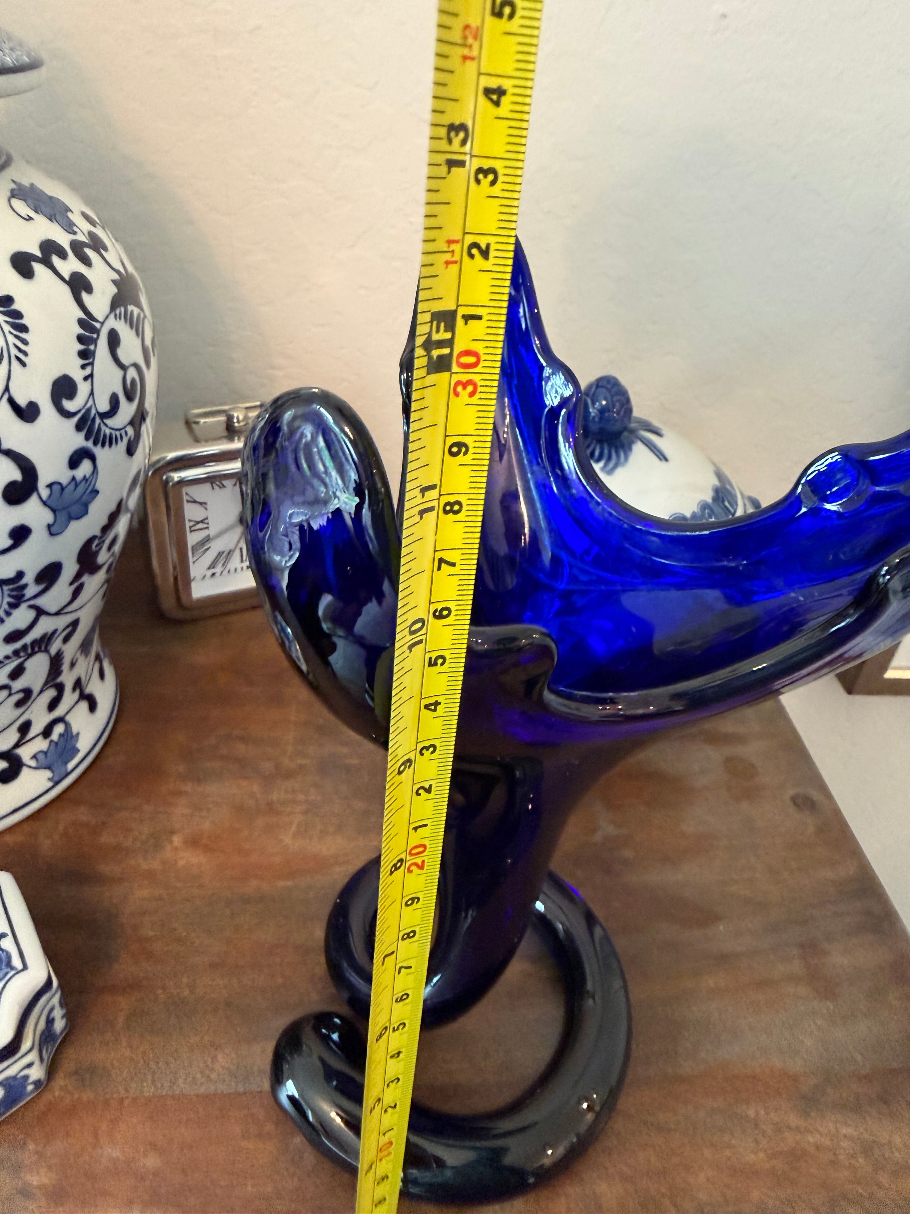 Cobalt Blue Art Glass Freeform Vase Sculpture 13” Hand Blown Modern Decor