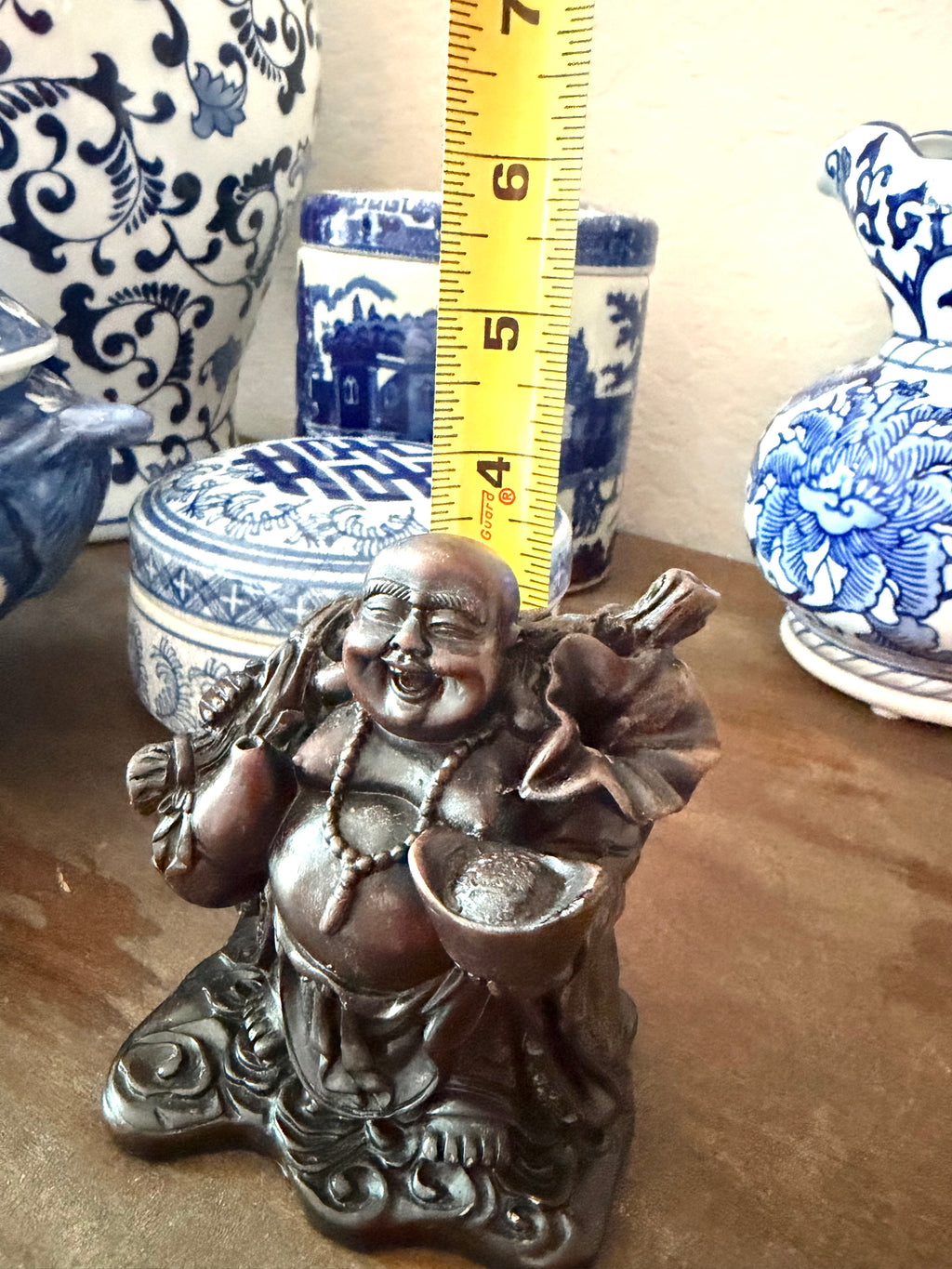Happy Buddha Figurine Dark Wood Resin Carved Laughing Buddha Good Luck Feng Shui Vintage