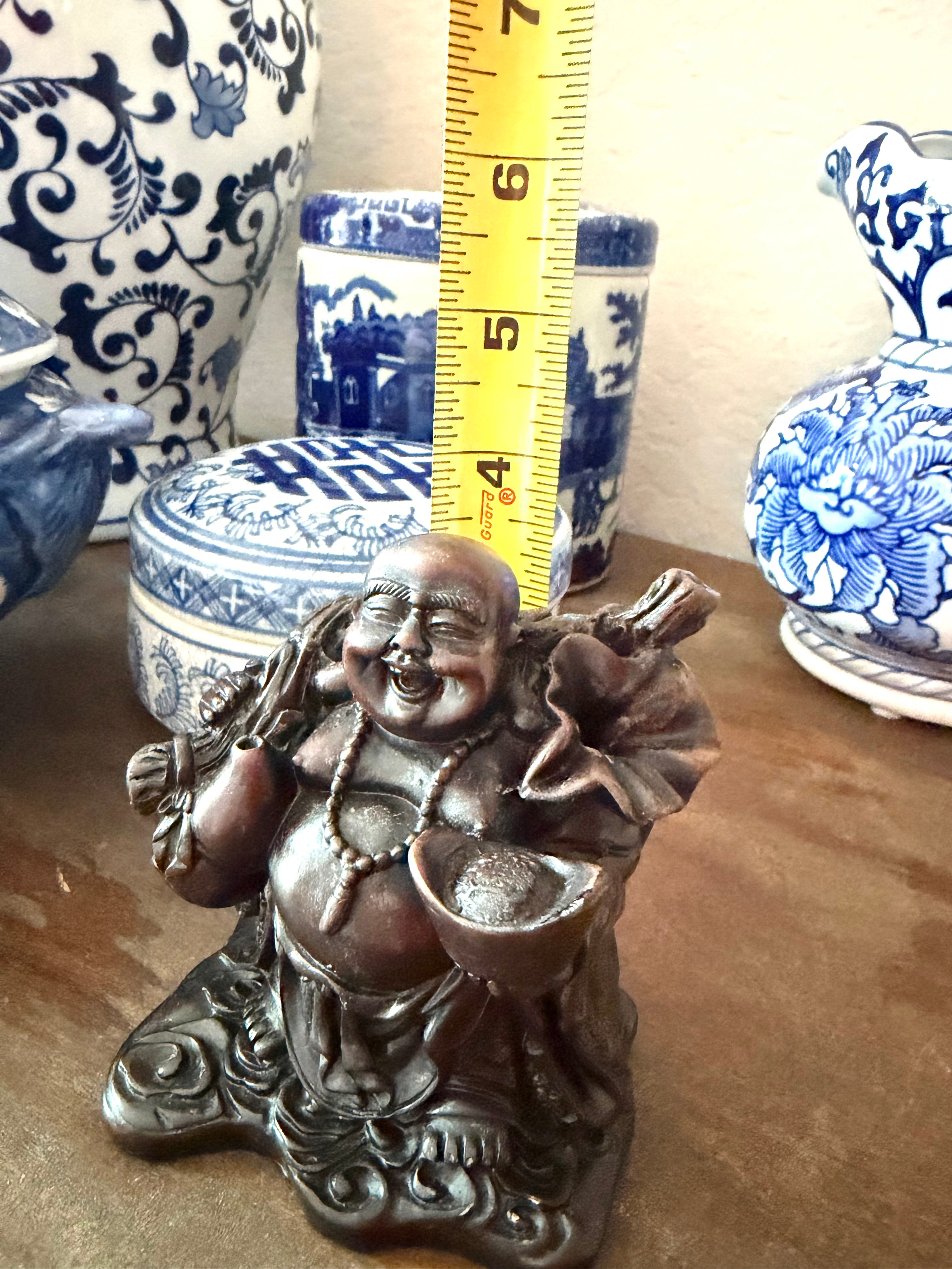 Happy Buddha Figurine Dark Wood Resin Carved Laughing Buddha Good Luck Feng Shui Vintage