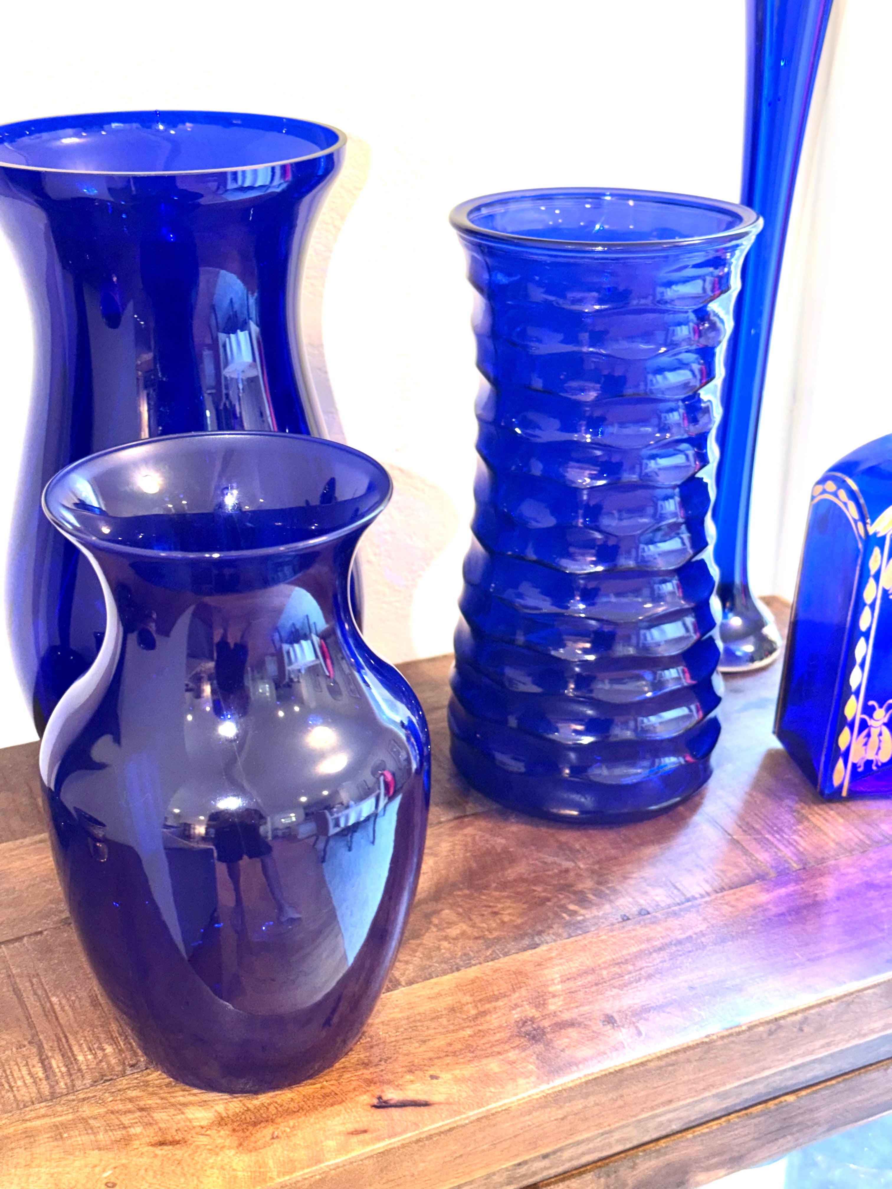 Cobalt Blue Art Glass Vase Hand Blown Bristol Blue MCM 9” Tall Vintage