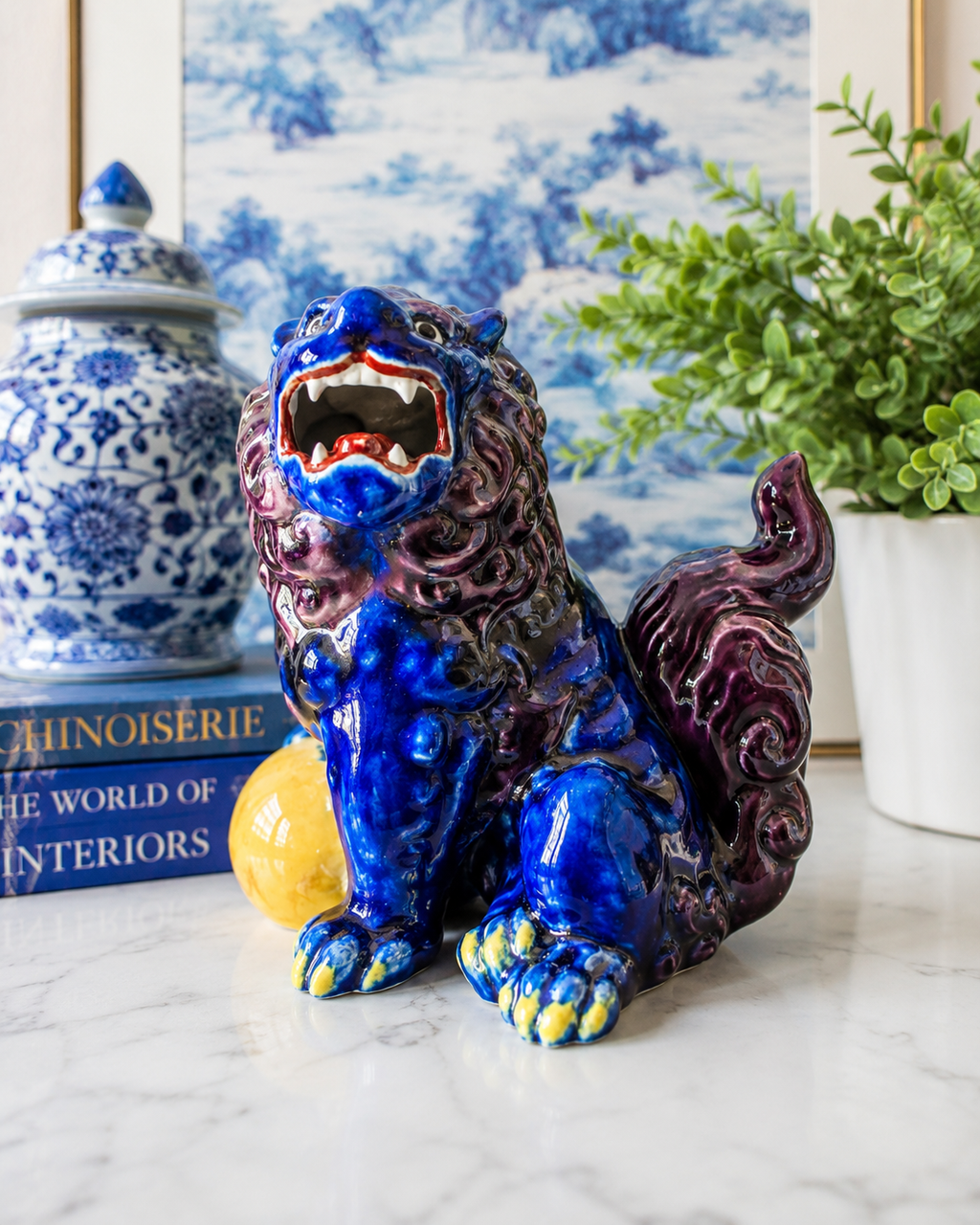 Chinese Foo Dog Guardian Lion Figurine Blue Flambe Glaze Ceramic Statue Lucky Orb Vintage