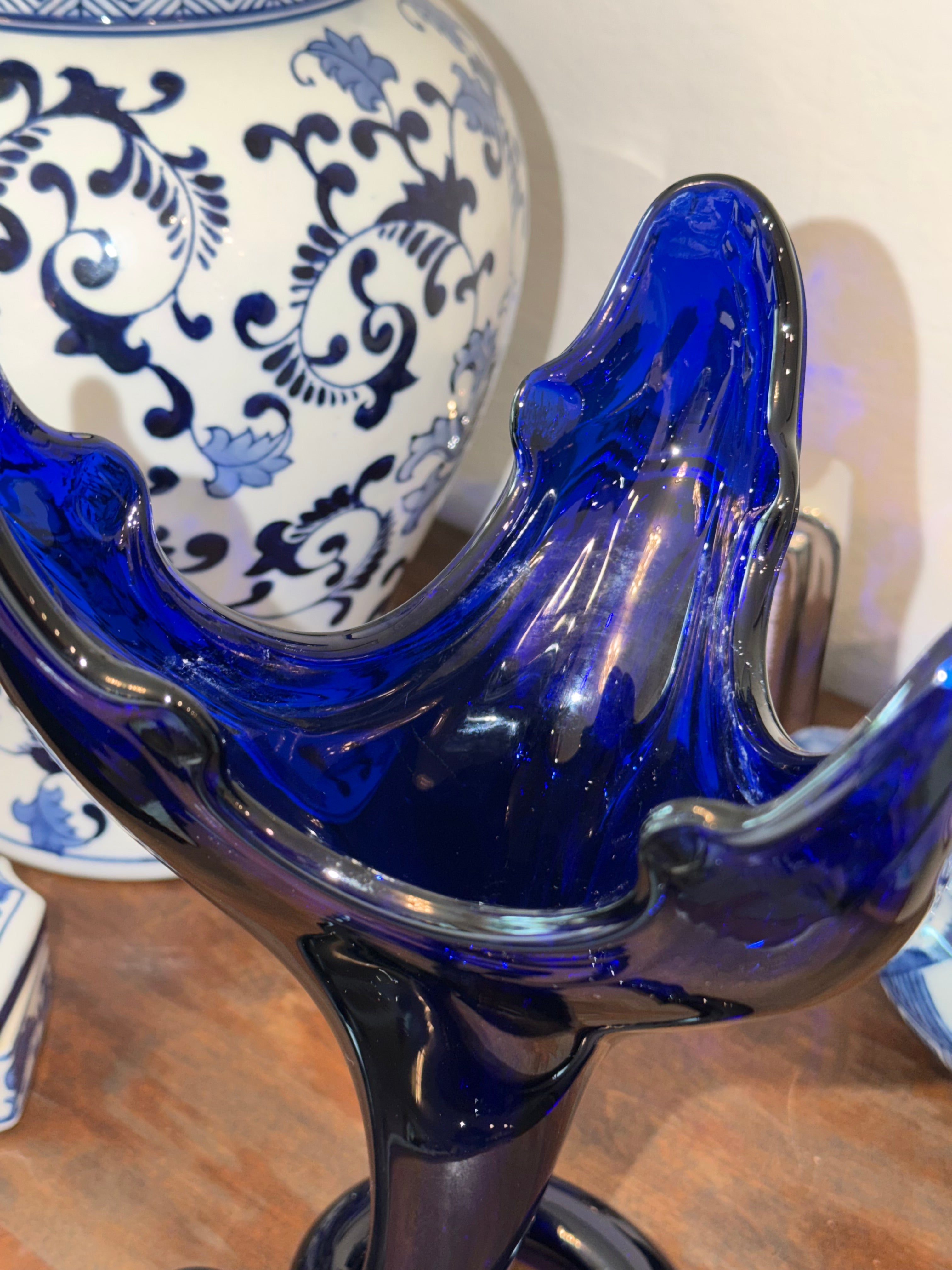 Cobalt Blue Art Glass Freeform Vase Sculpture 13” Hand Blown Modern Decor