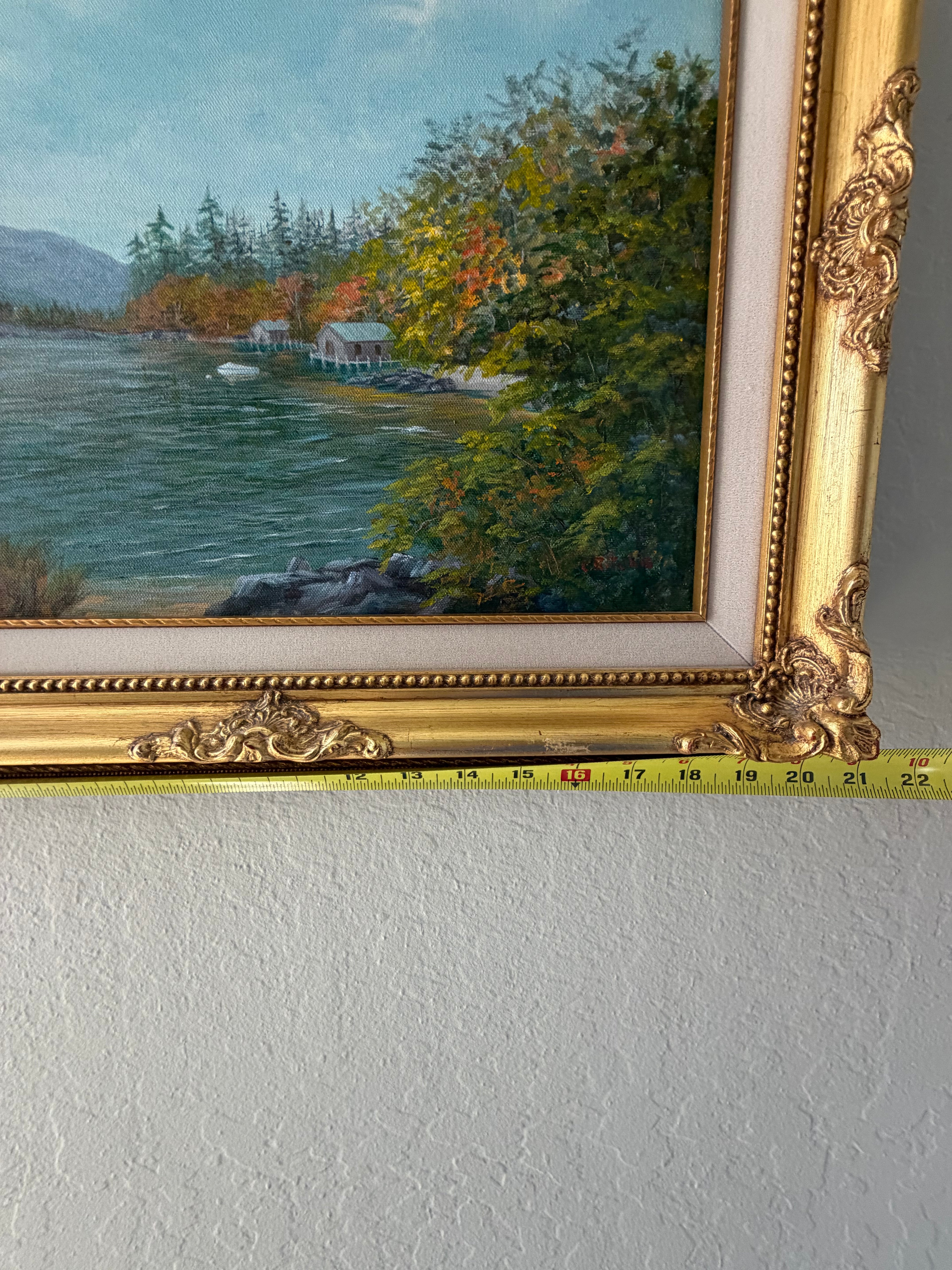 Signed Original Oil Painting — Autumn Lakeside Landscape by C. Ritchie — Ornate Gold Gilt Frame Vintage