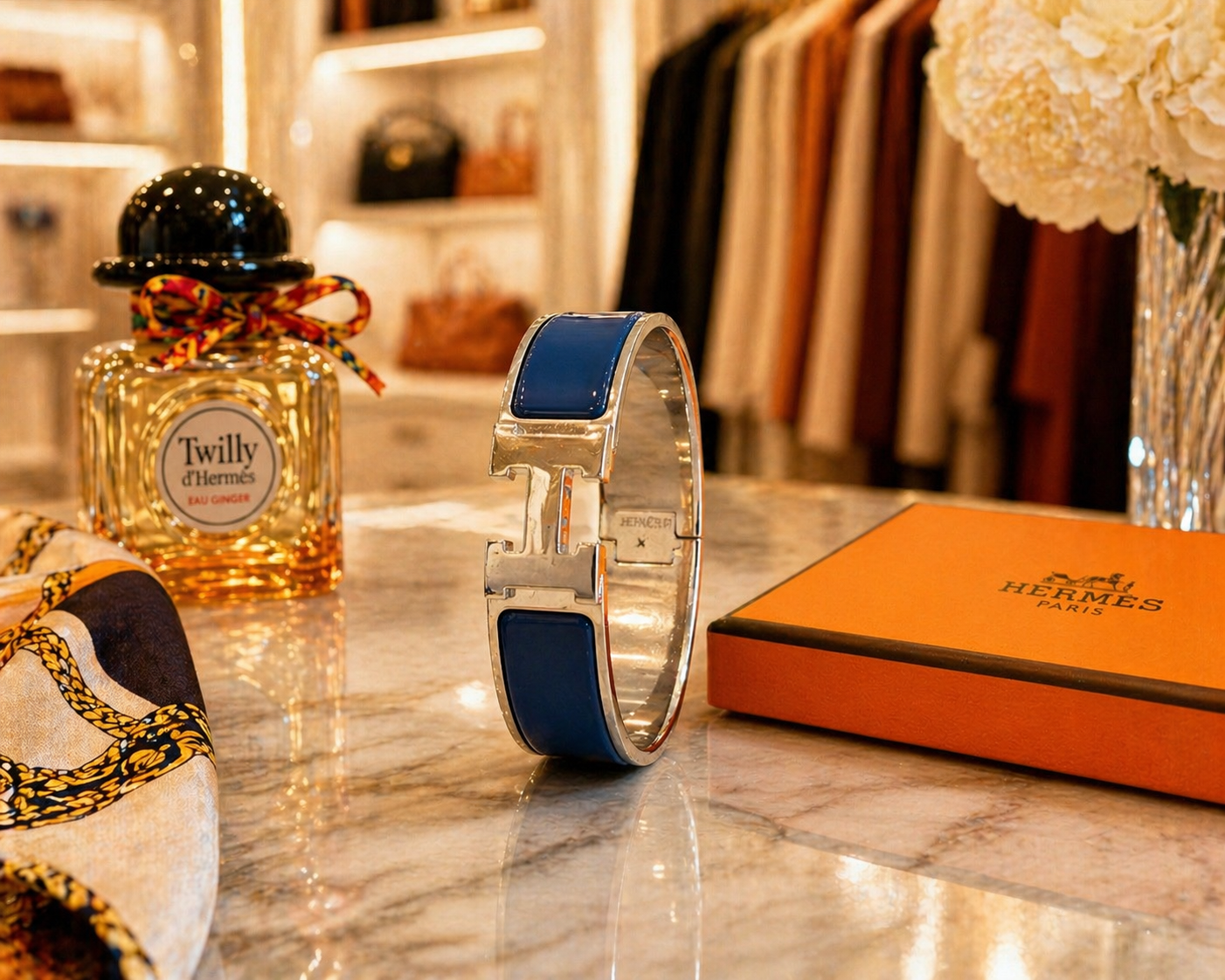 Hermès Clic Clac H Bracelet Blue Enamel Palladium Plated PM Bangle