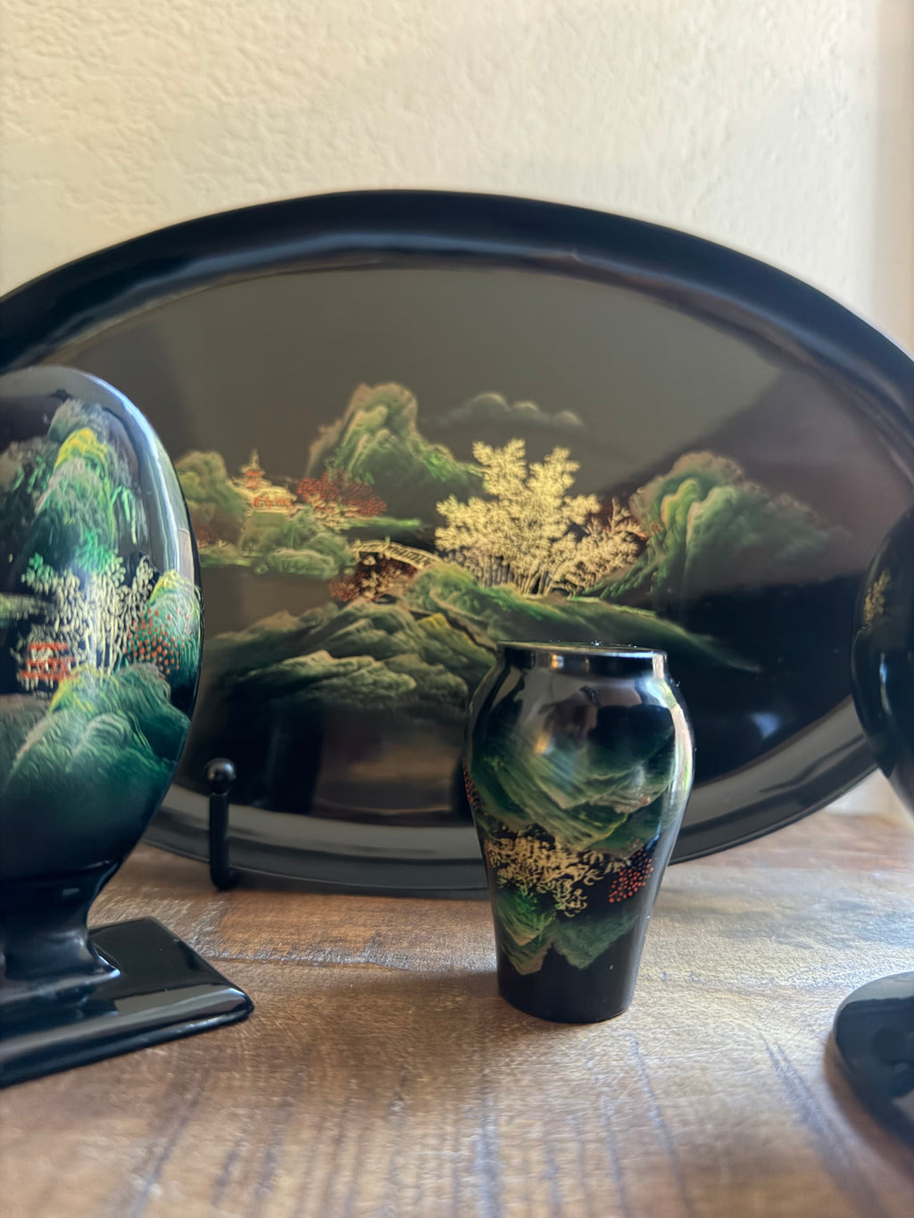 Chinese Black Lacquerware Set 7pc Fuzhou Shanshui Landscape Vase Tray Bowl Hand-Painted Export Decor 1960s–1980s