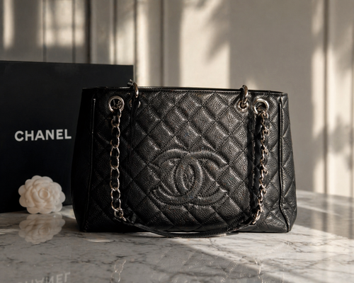 Authentic Chanel Grand Shopping Tote GST Black Caviar Leather Silver Hardware Made in Italy