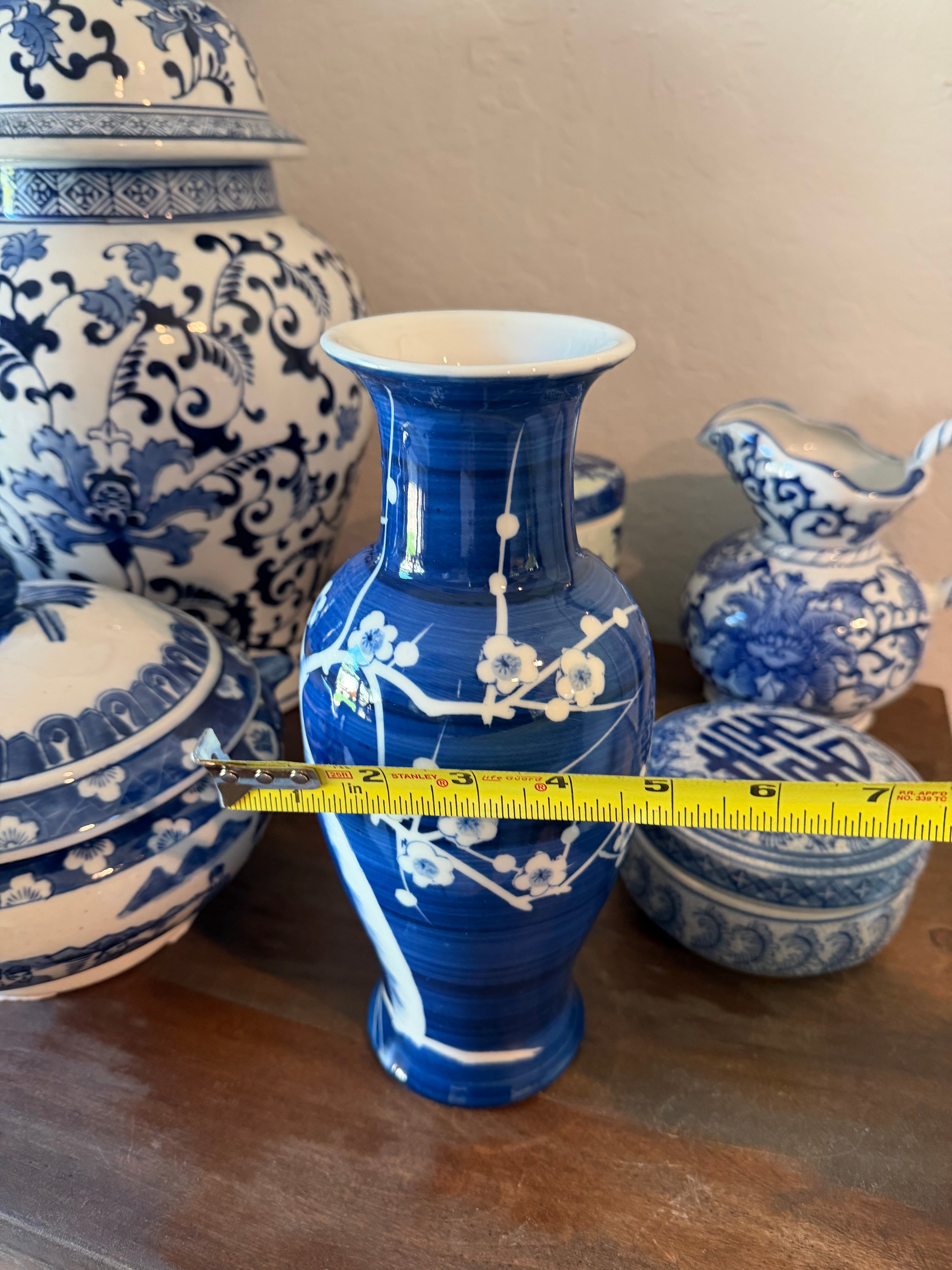 Chinese Blue & White Porcelain Vase — Prunus Blossom — Cobalt Cobalt Glazed — 10" — Mid-Century 