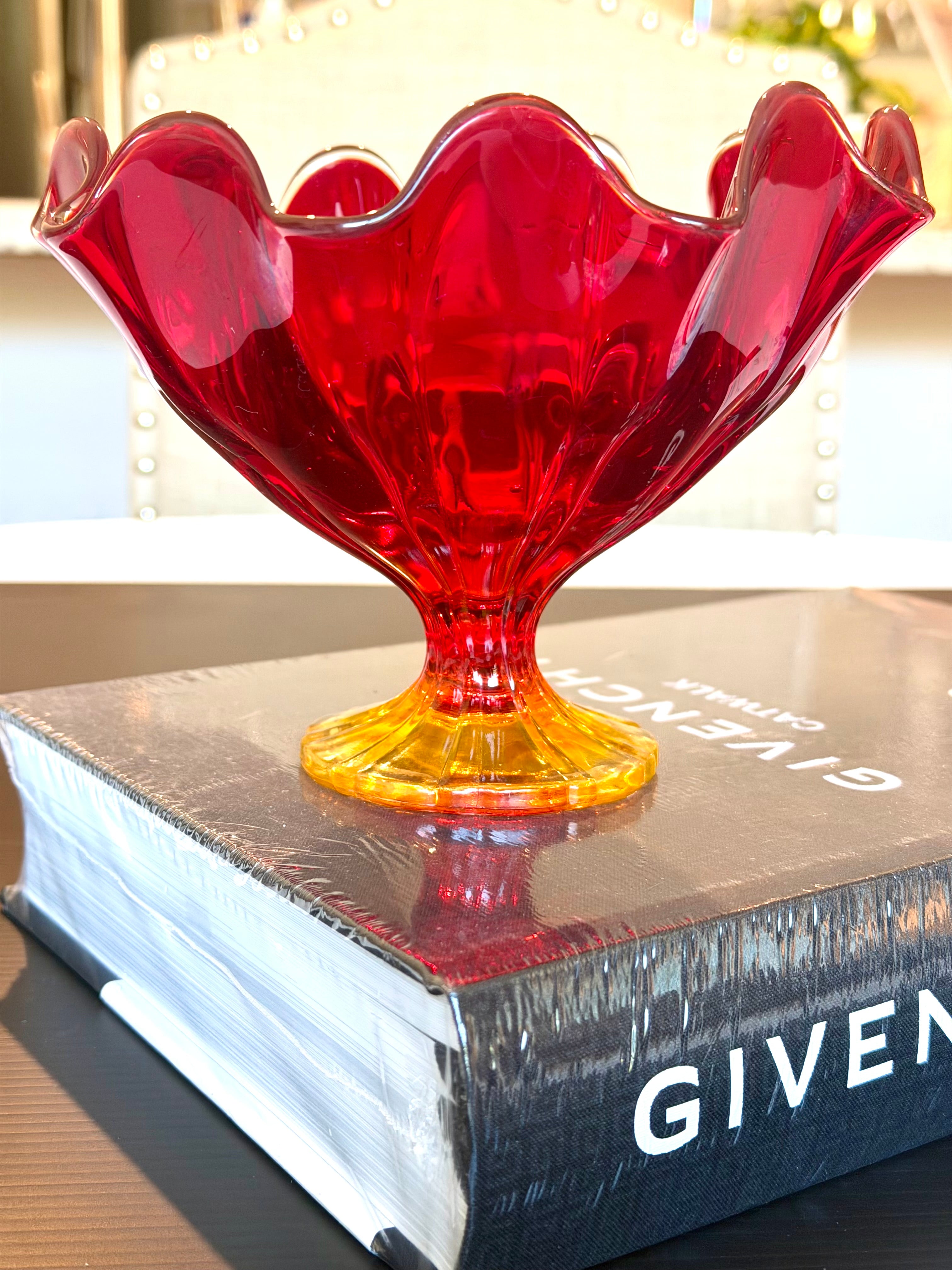 Ruby Red & Amber Art Glass Pedestal Bowl Compote Vintage