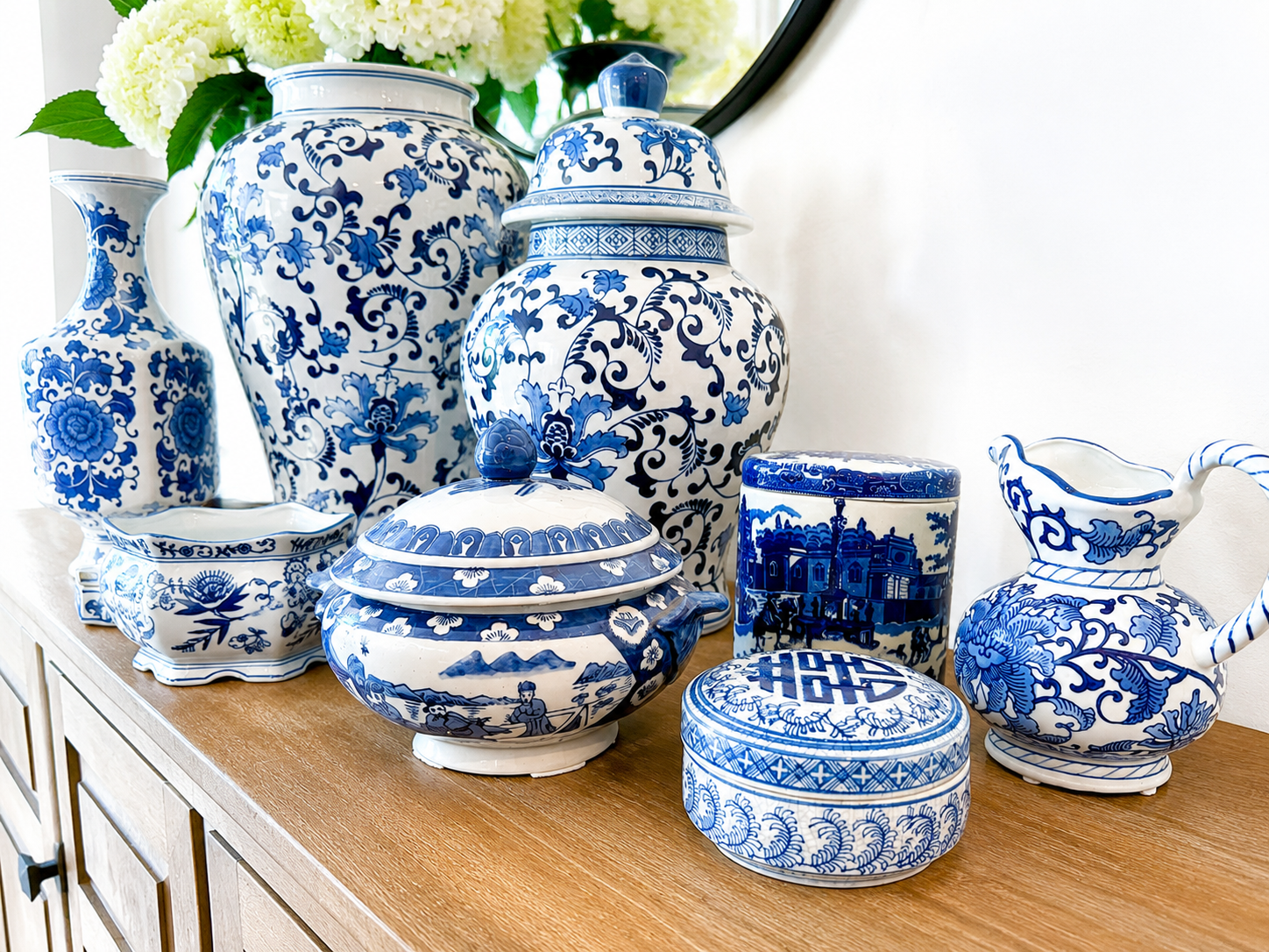 Chinese Blue and White Porcelain Lidded Box Crackle Glaze Longevity Symbol Chinoiserie Decor Vintage