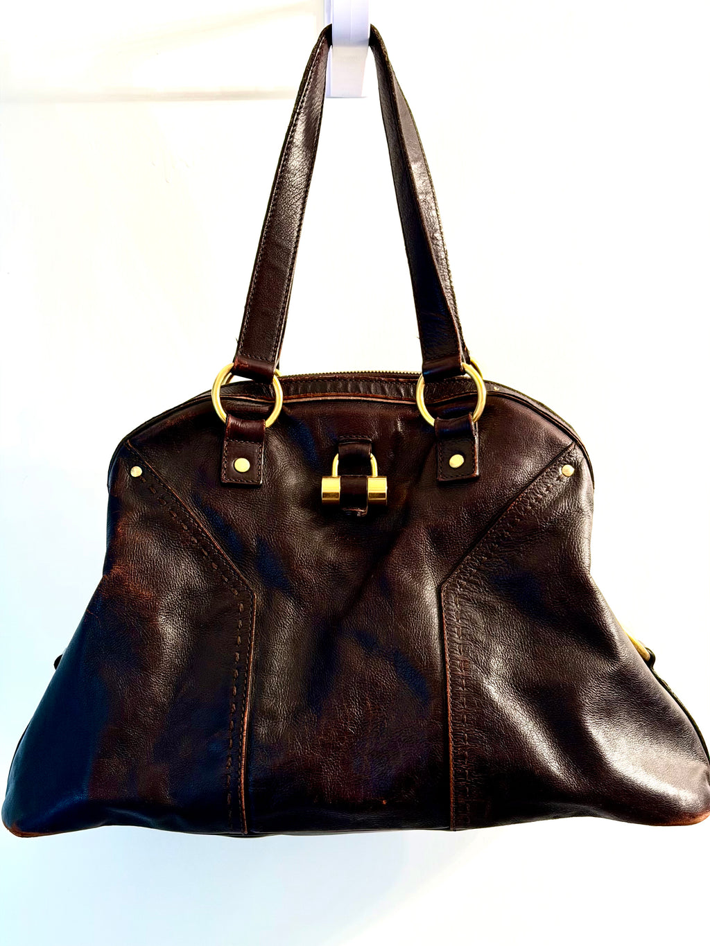 Authentic Yves Saint Laurent YSL Muse Leather Tote Bag Brown Gold Hardware Rive Gauche