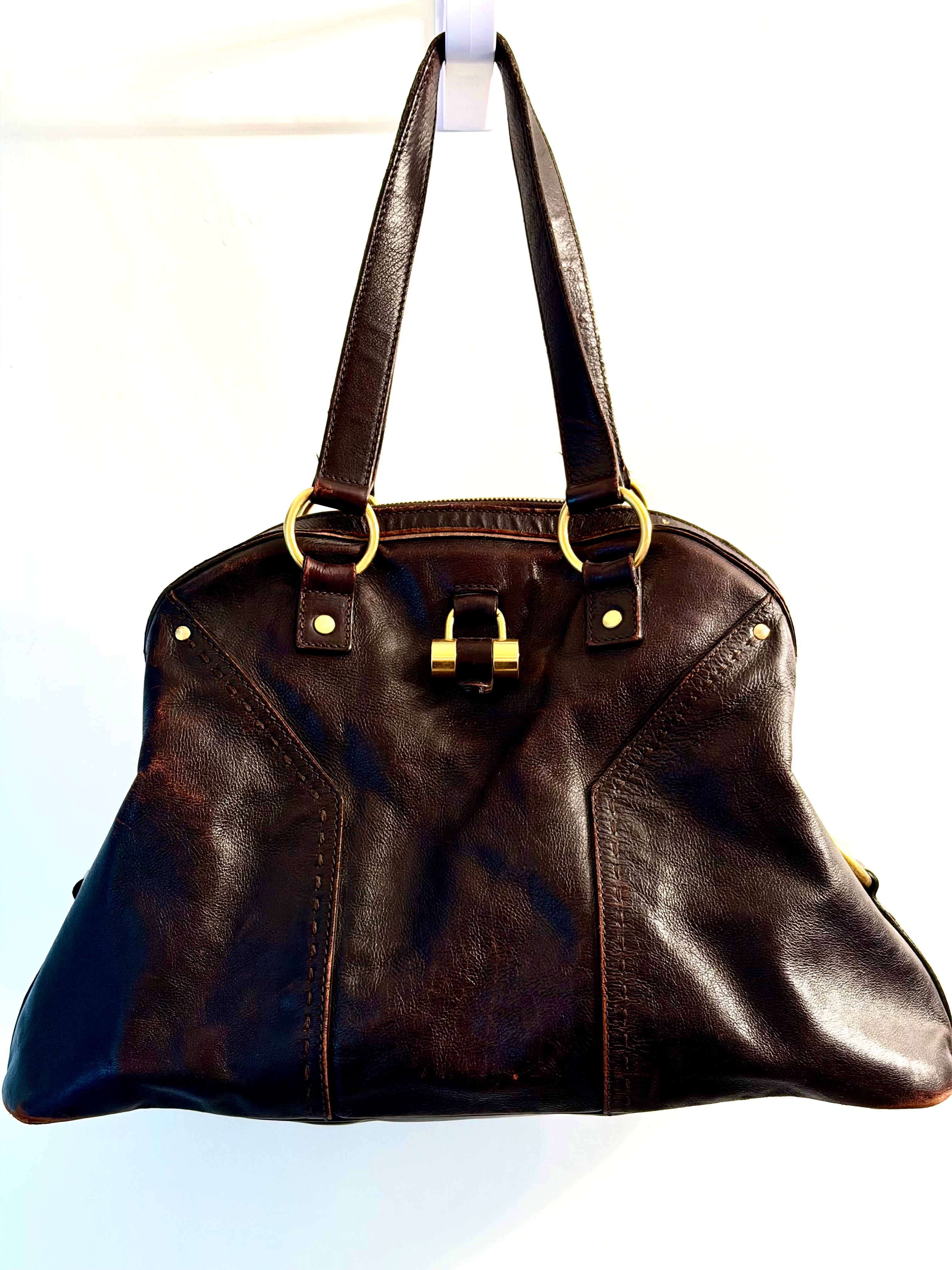 Authentic Yves Saint Laurent YSL Muse Leather Tote Bag Brown Gold Hardware Rive Gauche