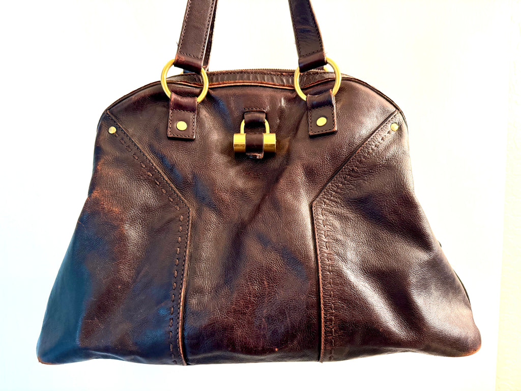 Authentic Yves Saint Laurent YSL Muse Leather Tote Bag Brown Gold Hardware Rive Gauche