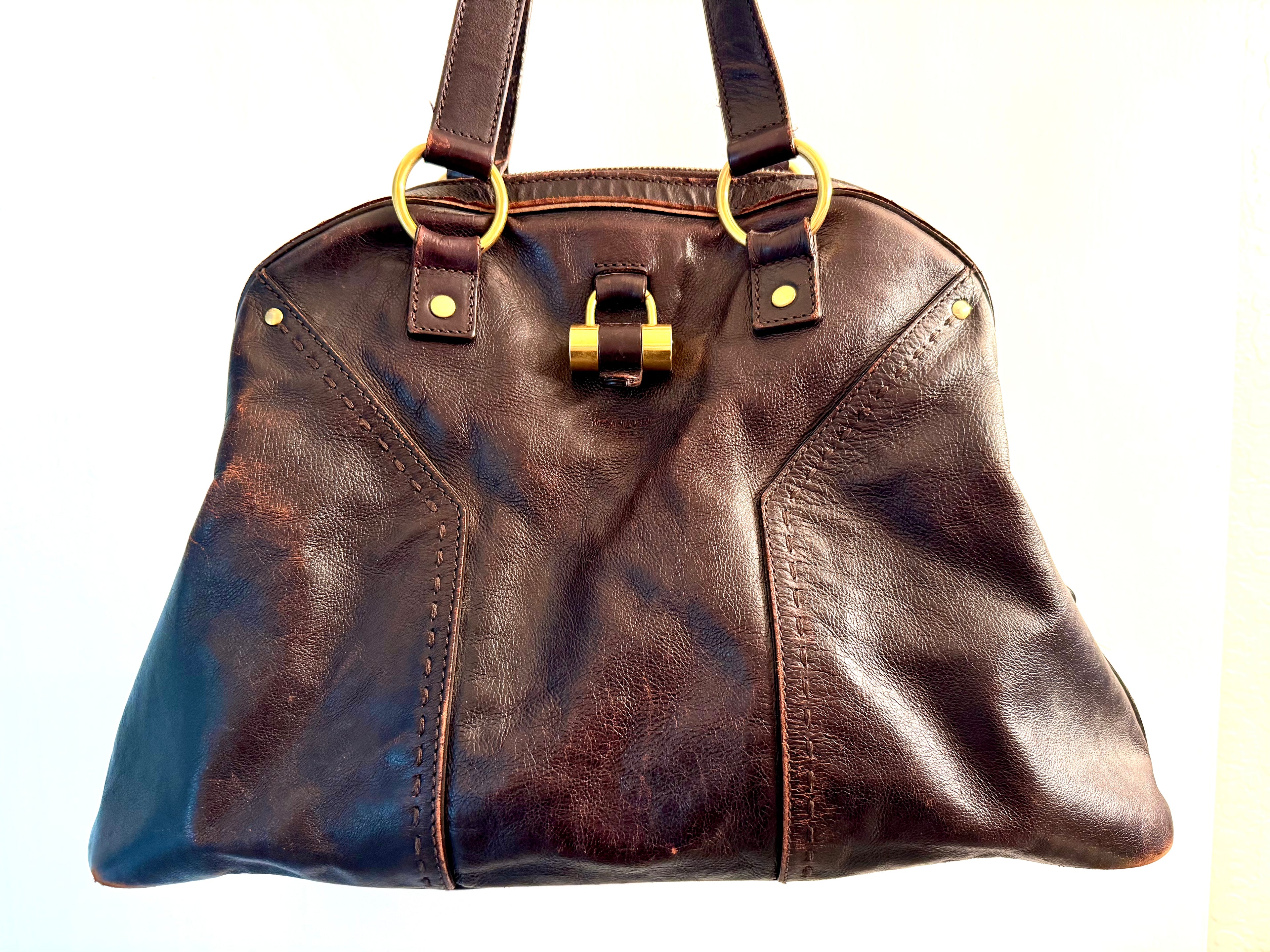 Authentic Yves Saint Laurent YSL Muse Leather Tote Bag Brown Gold Hardware Rive Gauche
