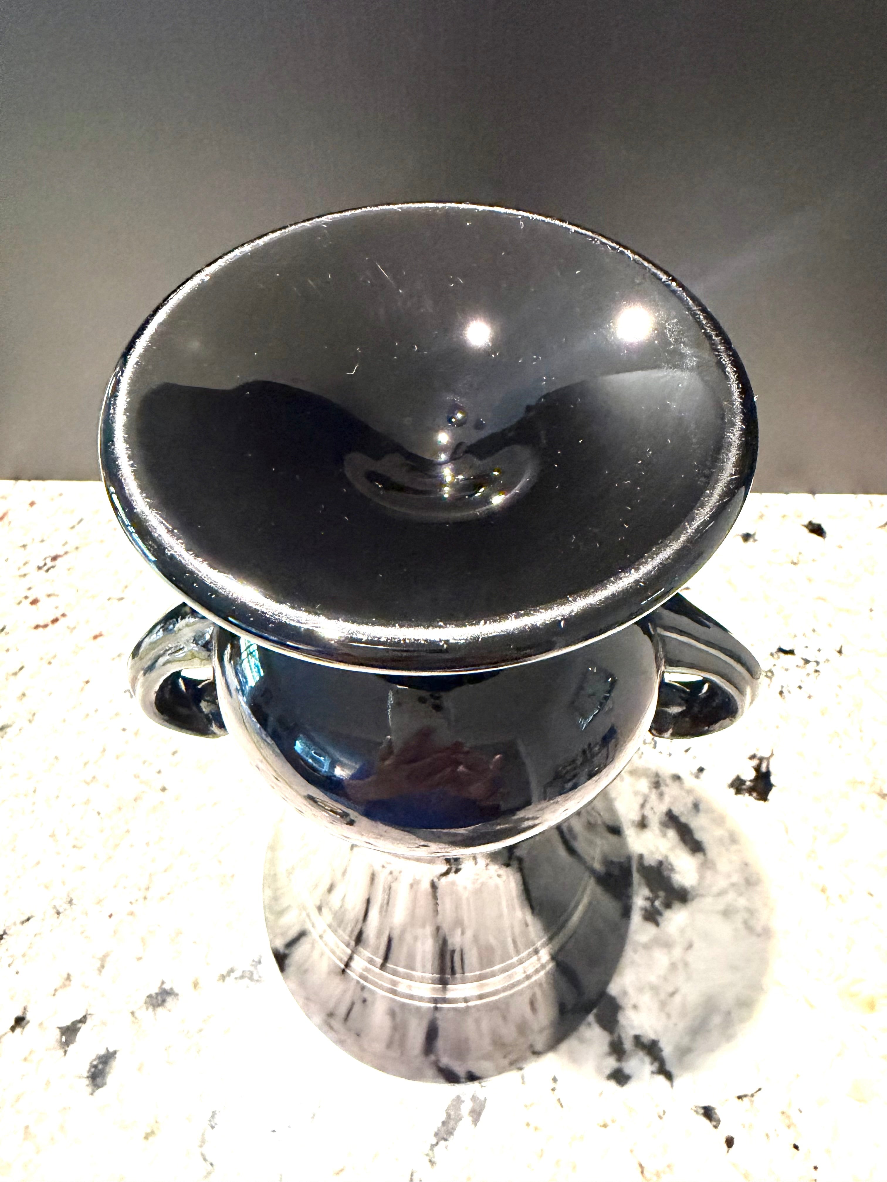 Black Amethyst Glass Trophy Vase With Silver Overlay Handles