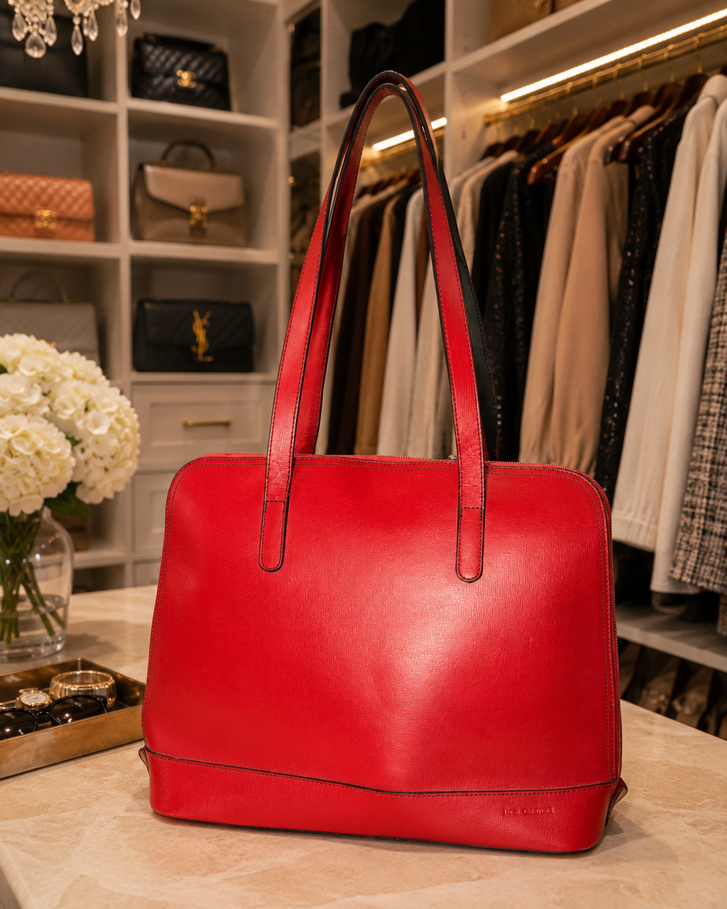 Jack Georges Chelsea Red Saffiano Leather Tote Bag Large Women’s Laptop Work Business Handbag