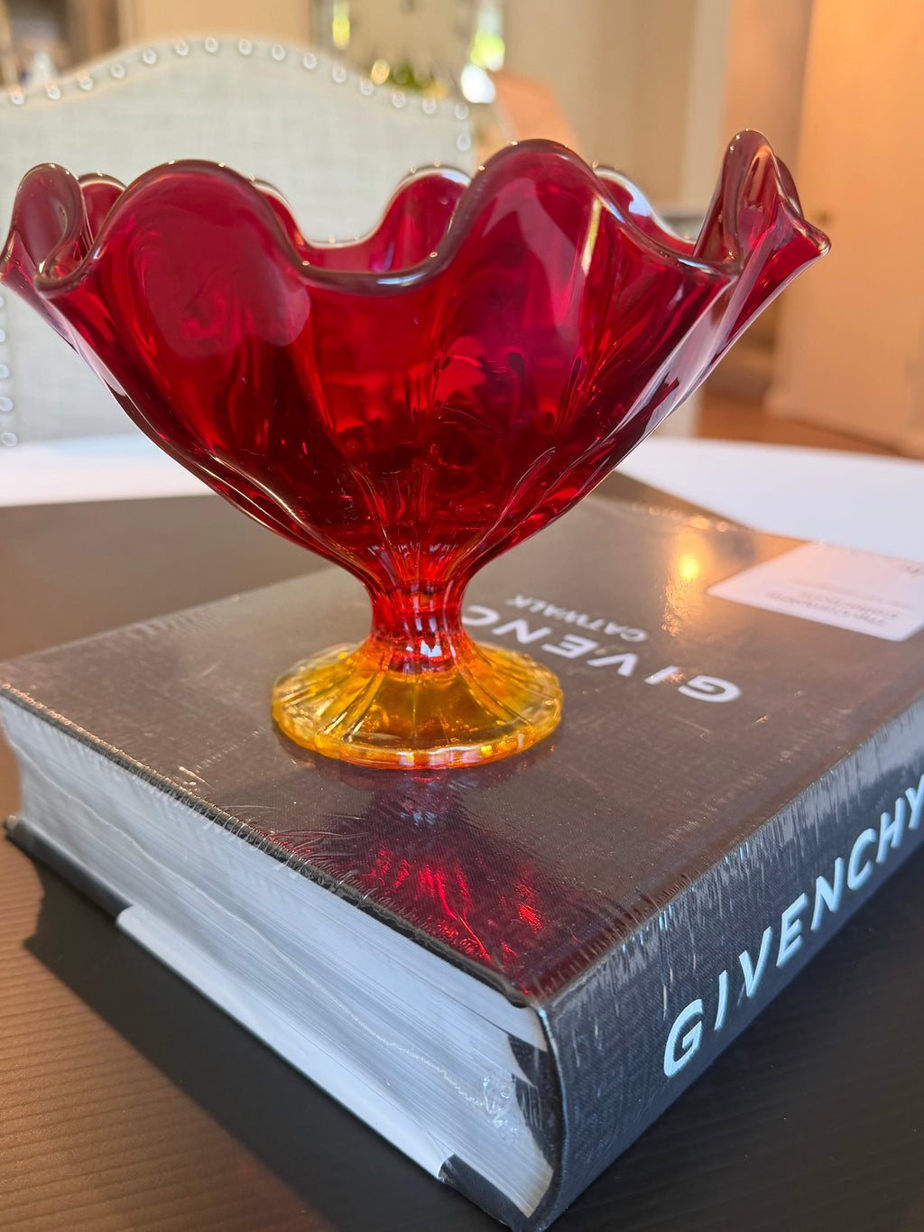 Ruby Red & Amber Art Glass Pedestal Bowl Compote Vintage