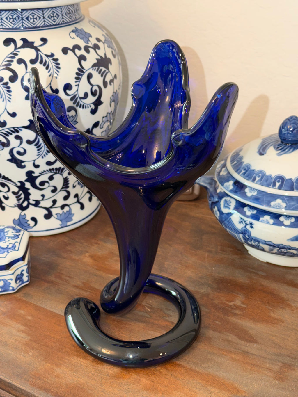 Cobalt Blue Art Glass Freeform Vase Sculpture 13” Hand Blown Modern Decor