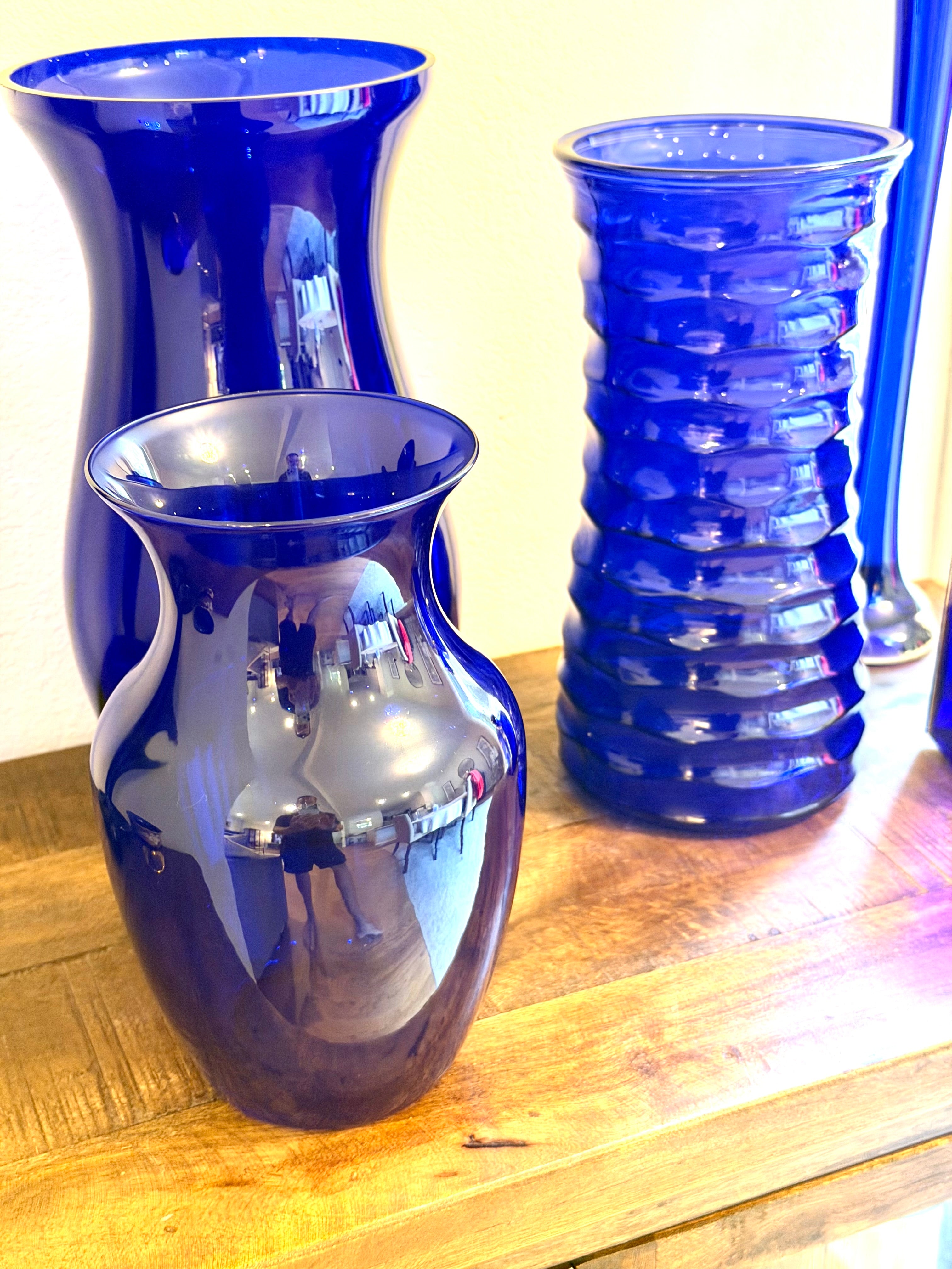 Cobalt Blue Art Glass Vase Hand Blown Bristol Blue MCM 9” Tall Vintage