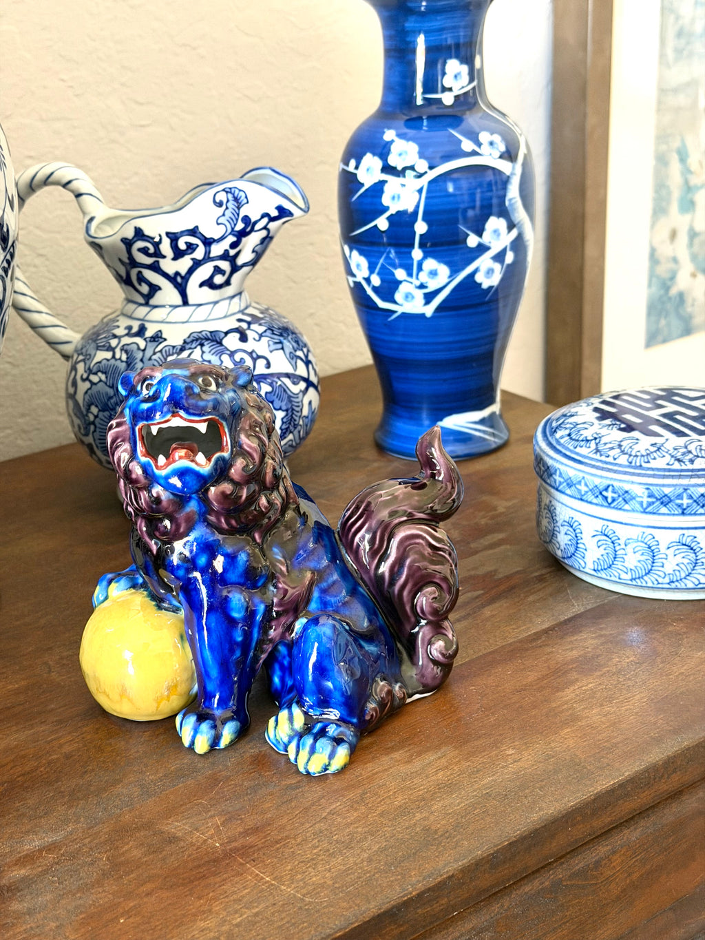 Chinese Foo Dog Guardian Lion Figurine Blue Flambe Glaze Ceramic Statue Lucky Orb Vintage