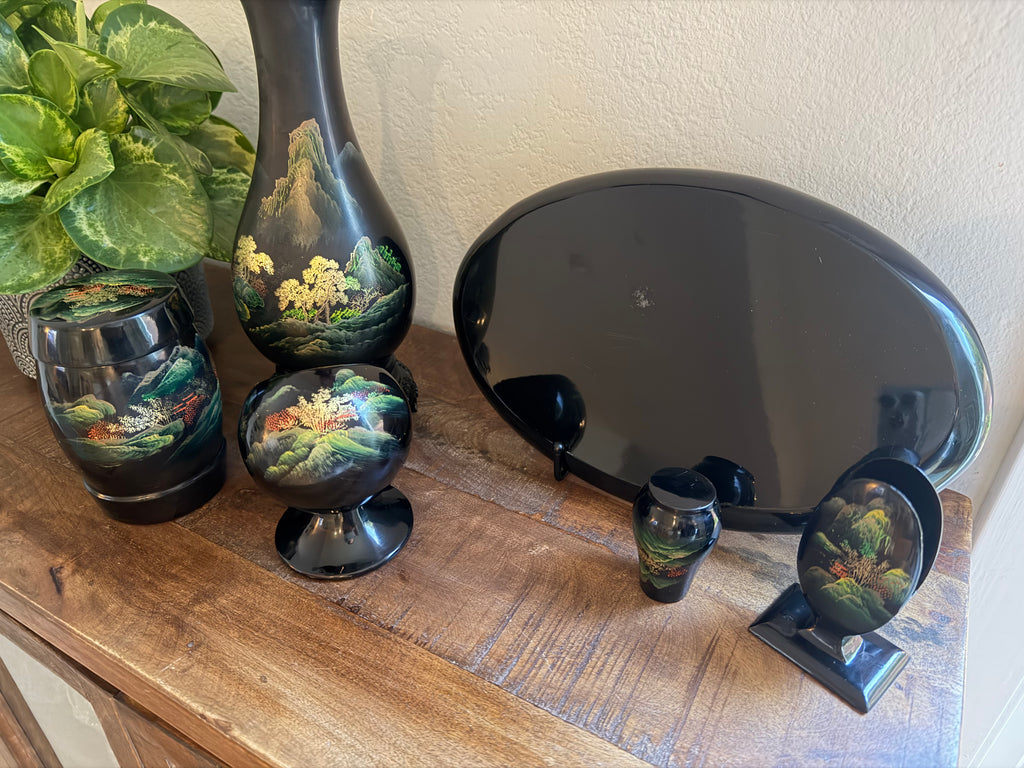 Chinese Black Lacquerware Set 7pc Fuzhou Shanshui Landscape Vase Tray Bowl Hand-Painted Export Decor 1960s–1980s