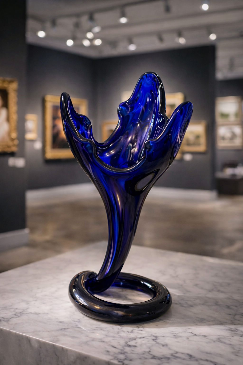 Cobalt Blue Art Glass Freeform Vase Sculpture 13” Hand Blown Modern Decor