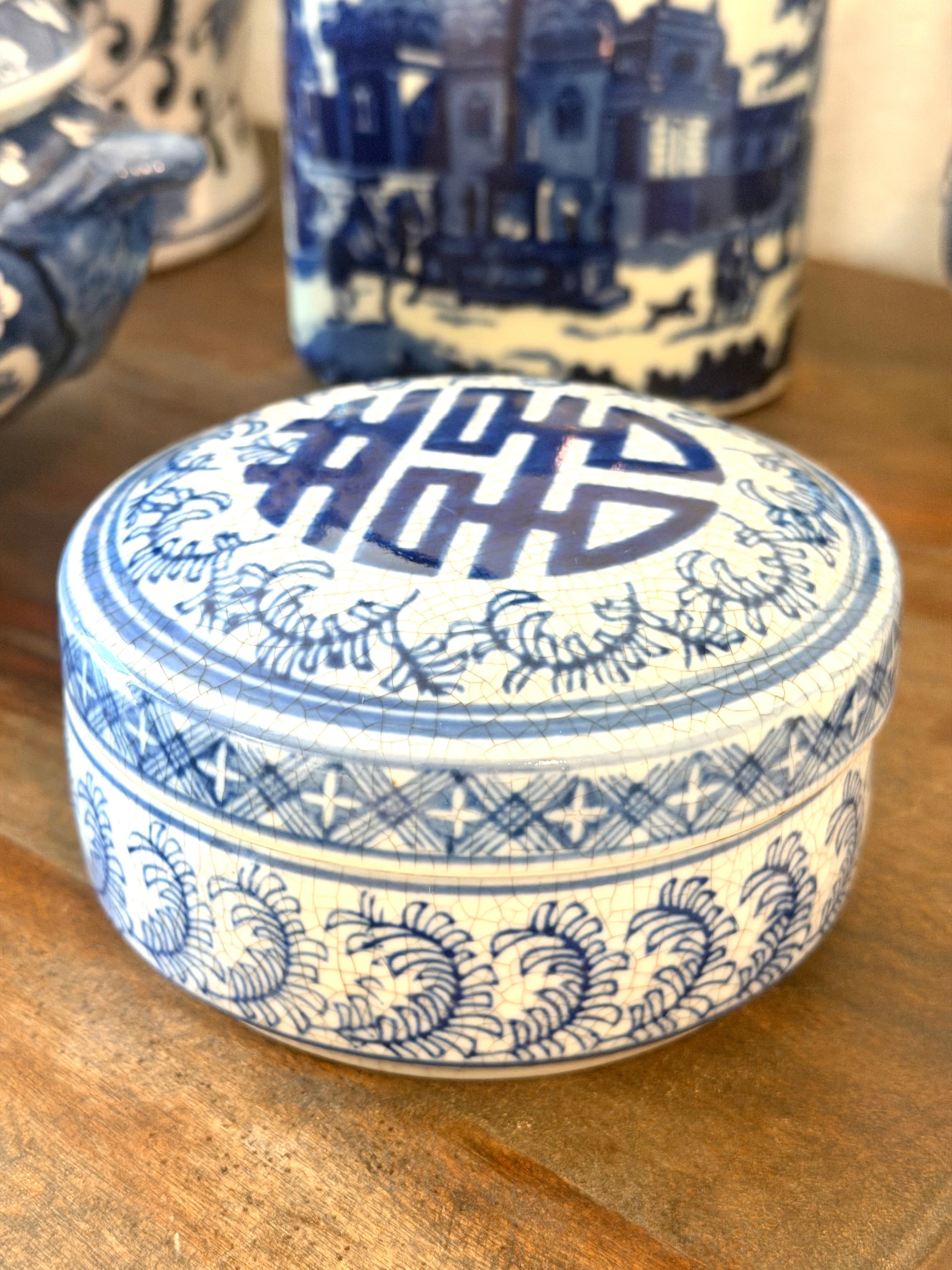 Blue White Chinoiserie Trinket Box Crackle Glaze Porcelain Keepsake Box Asian Longevity Symbol Decor